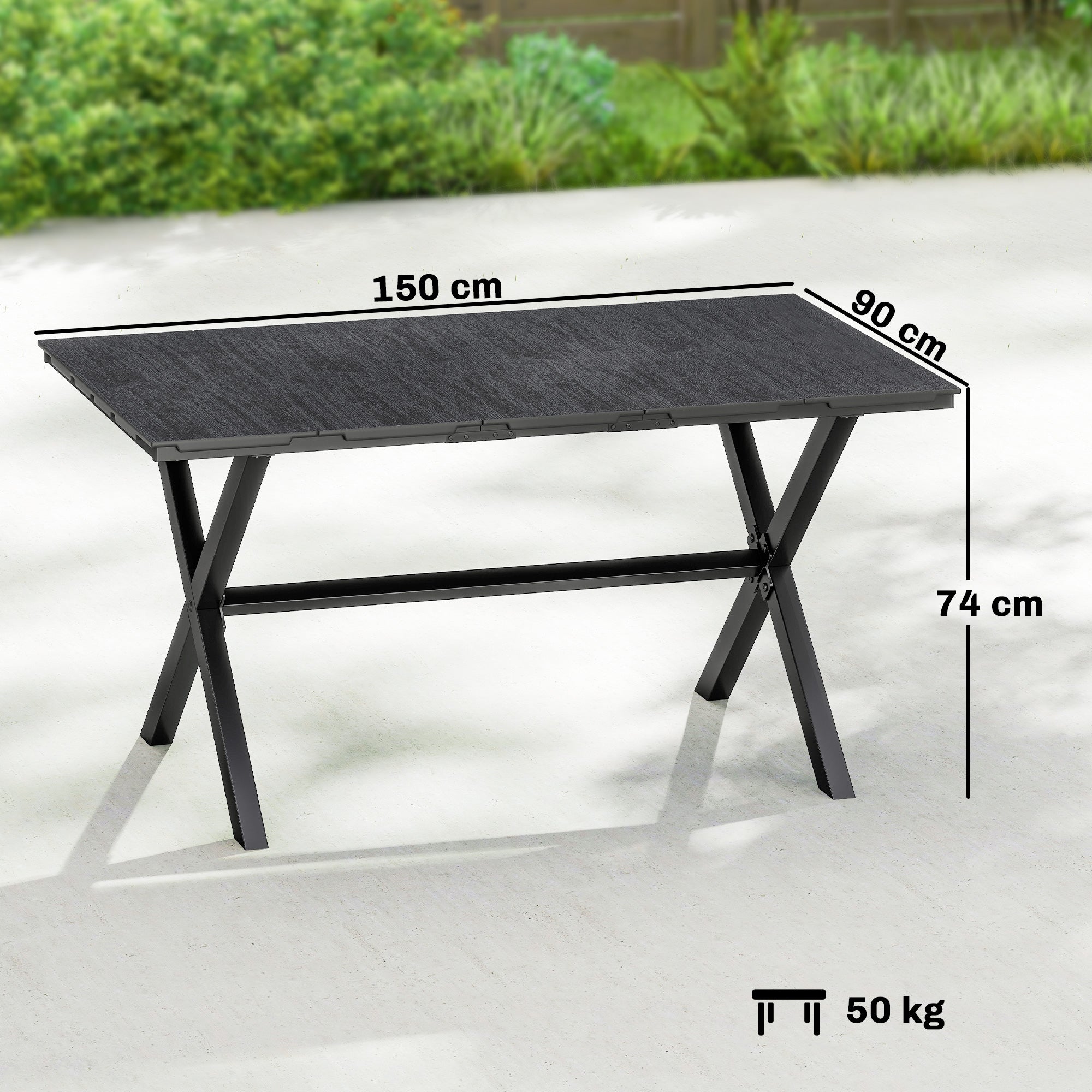 Outsunny Mesa de Comedor de Jardín Rectangular, Mesa de Terraza Exterior 150x90x74 cm, con Encimera de HDPE de Listones y Estructura Metálica, para 6 Personas, Carga 50 kg, para Patio, Balcón, Negro