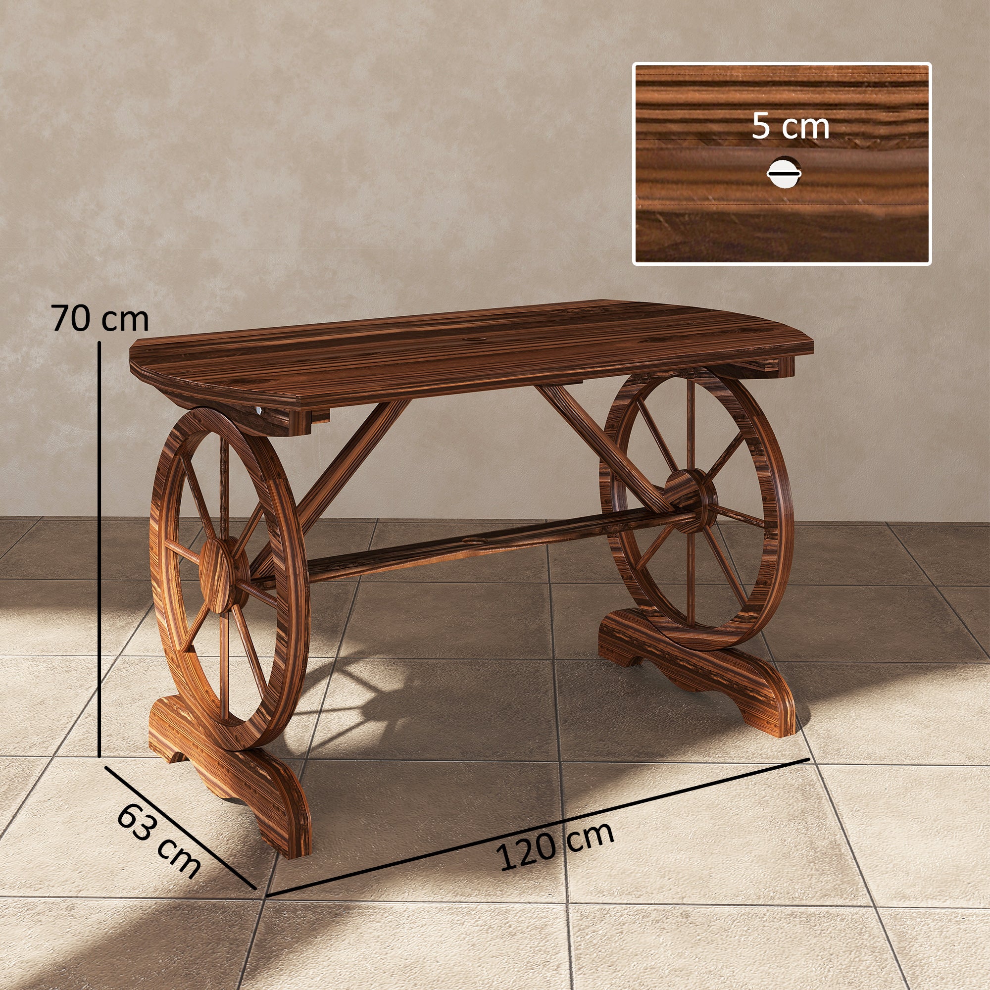 Outsunny Mesa de Jardín de Madera Mesa de Terraza Exterior 120x63x70 cm con Patas en Forma de Rueda Orificio para Sombrilla y Diseño de Listones Carga 50 kg para Patio Madera Carbonizada