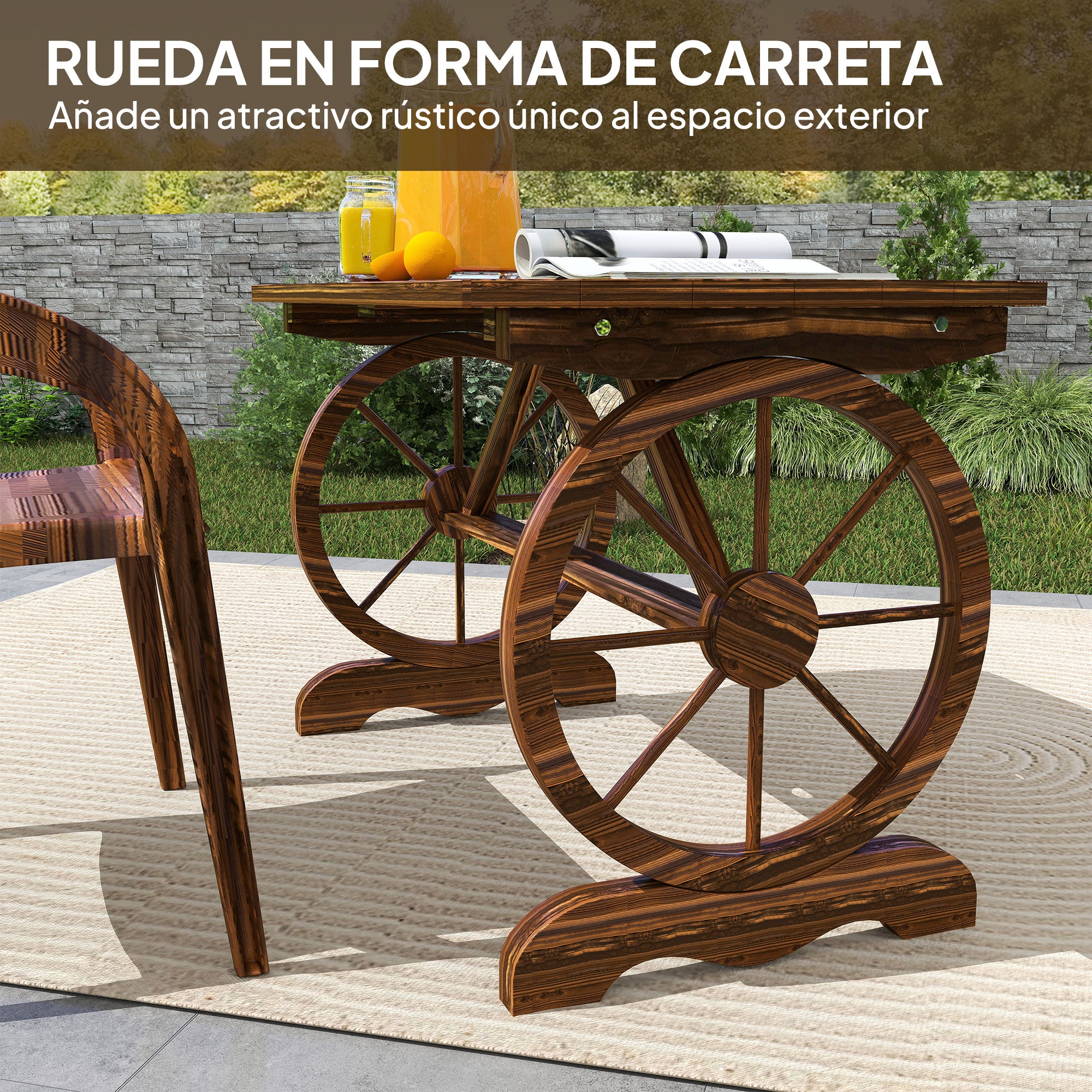 Outsunny Mesa de Jardín de Madera Mesa de Terraza Exterior 120x63x70 cm con Patas en Forma de Rueda Orificio para Sombrilla y Diseño de Listones Carga 50 kg para Patio Madera Carbonizada