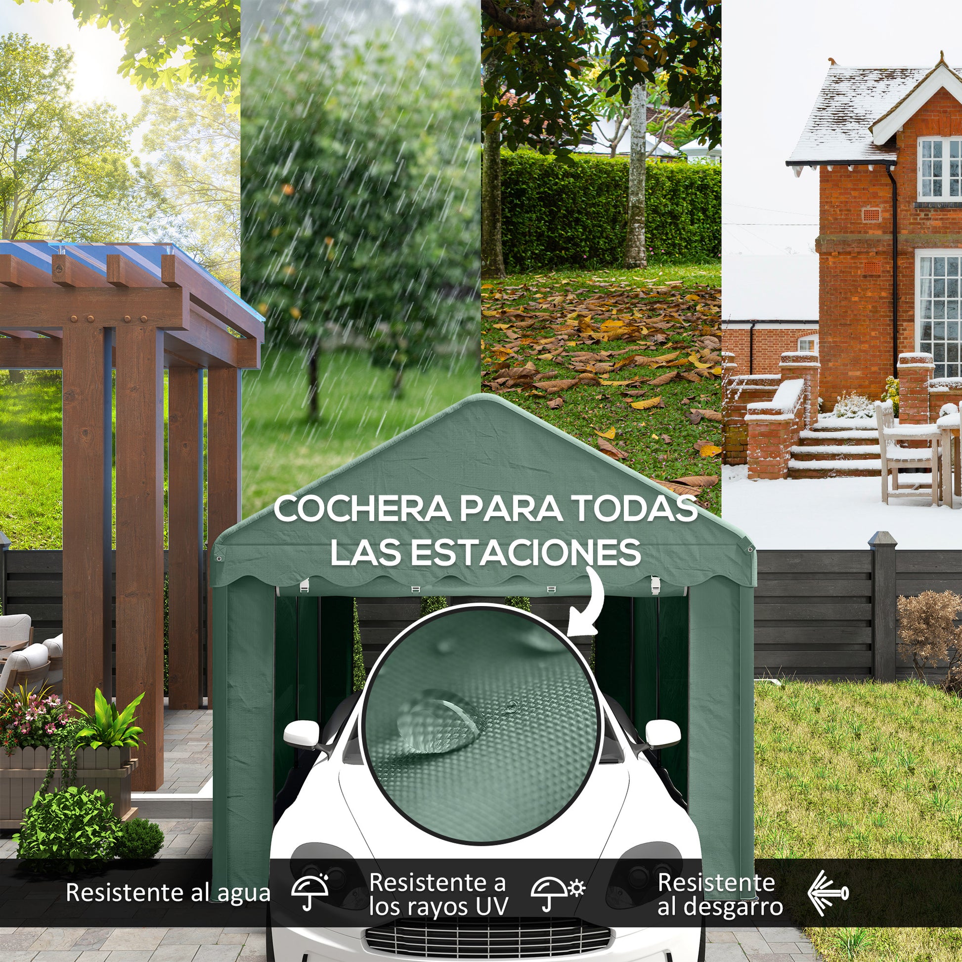 Outsunny Carpa Garaje 6x3 m Garaje Exterior para Coche Impermeable Garaje Portátil Anti-UV con Paredes Laterales Desmontables y 2 Puertas con Cremallera Verde