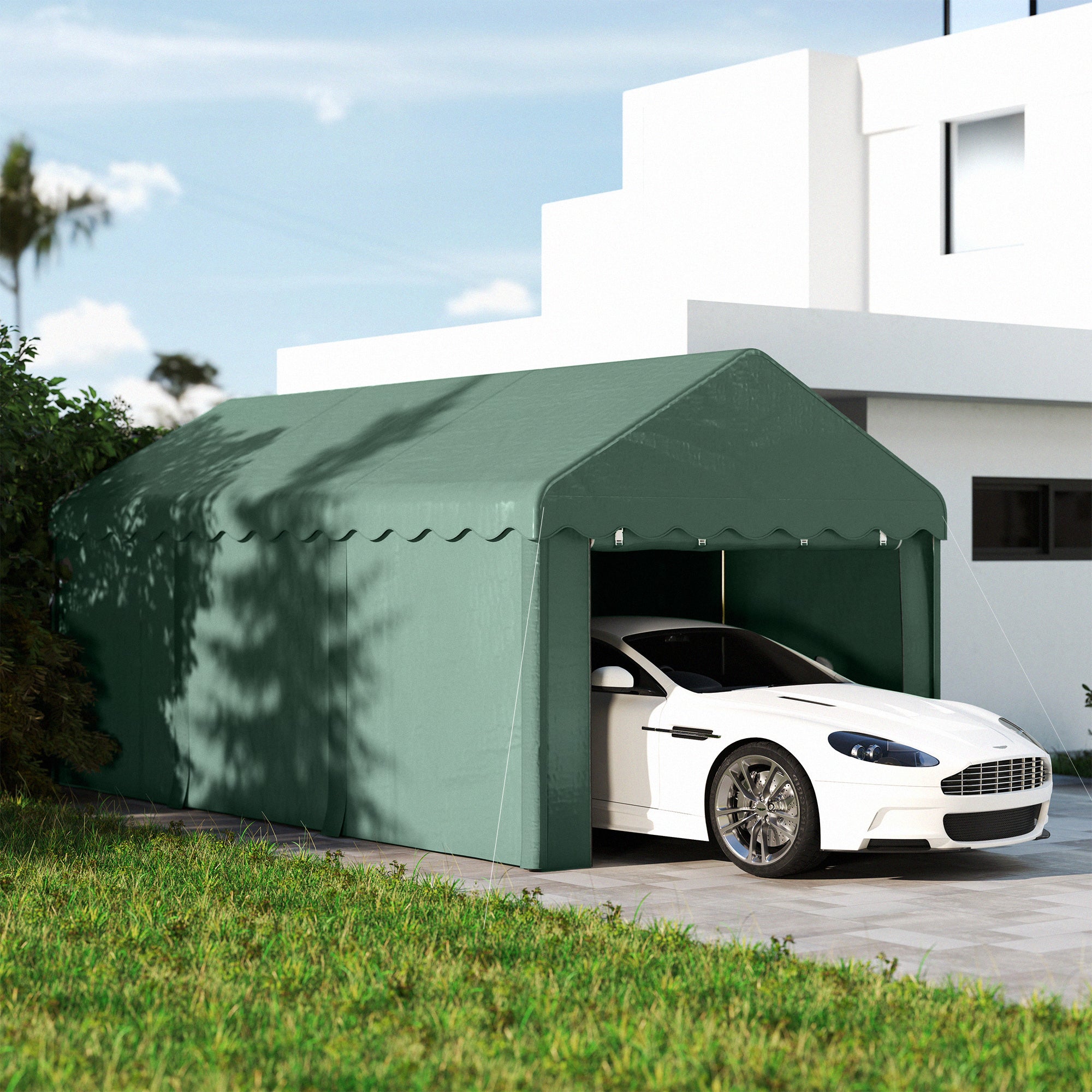 Outsunny Carpa Garaje 6x3 m Garaje Exterior para Coche Impermeable Garaje Portátil Anti-UV con Paredes Laterales Desmontables y 2 Puertas con Cremallera Verde