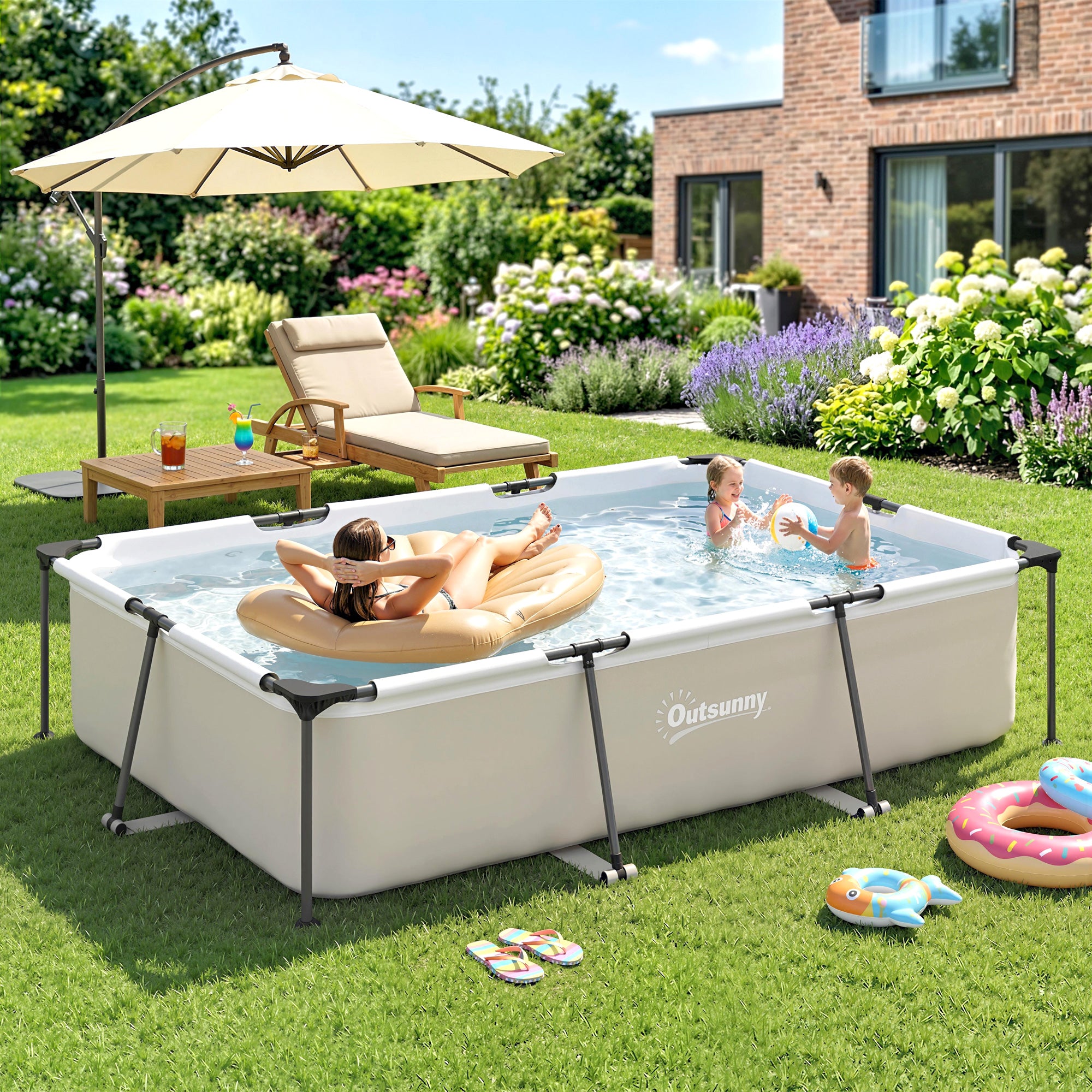 Outsunny Piscina Desmontable Tubular 316x238x66,5 cm 3700 L, Piscina Rectangular con Marco Metálico Estable, Parche de Reparación, Bomba de Filtro No Incluida para 2-4 Personas, Jardín, Exterior, Gris