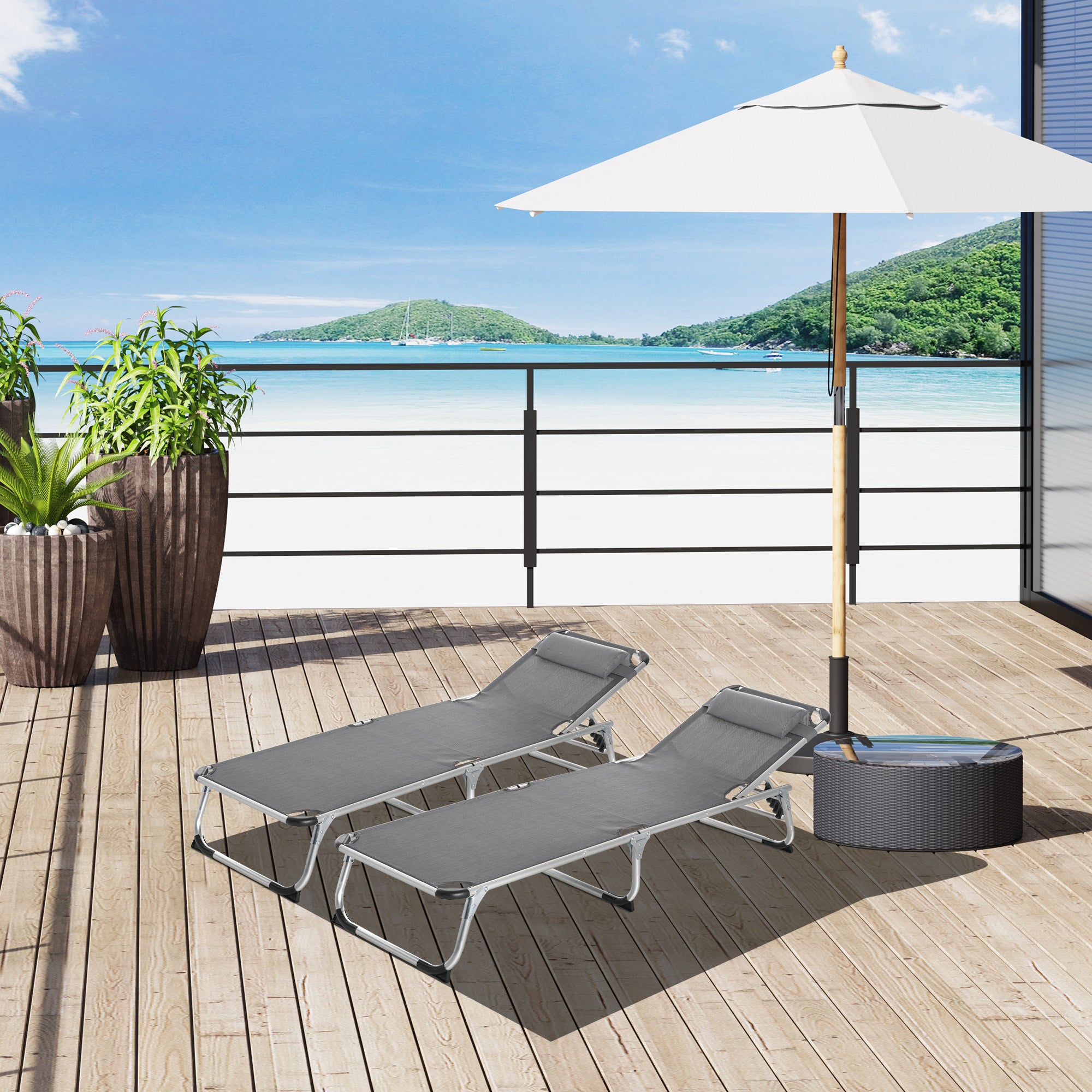 Outsunny Conjunto de 2 Tumbonas Plegables de Aluminio Tumbonas de Jardín Reclinables con Reposacabezas Extraíble y Respaldo Ajustable en 4 Posiciones para Terraza Piscina Playa 165x60x76 cm Gris