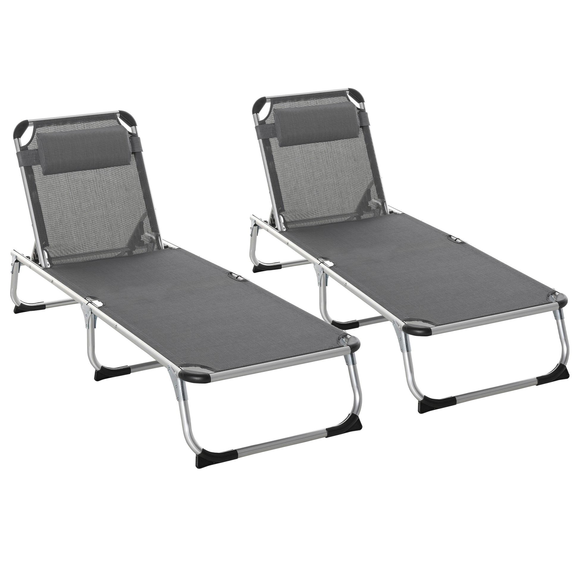 Outsunny Conjunto de 2 Tumbonas Plegables de Aluminio Tumbonas de Jardín Reclinables con Reposacabezas Extraíble y Respaldo Ajustable en 4 Posiciones para Terraza Piscina Playa 165x60x76 cm Gris