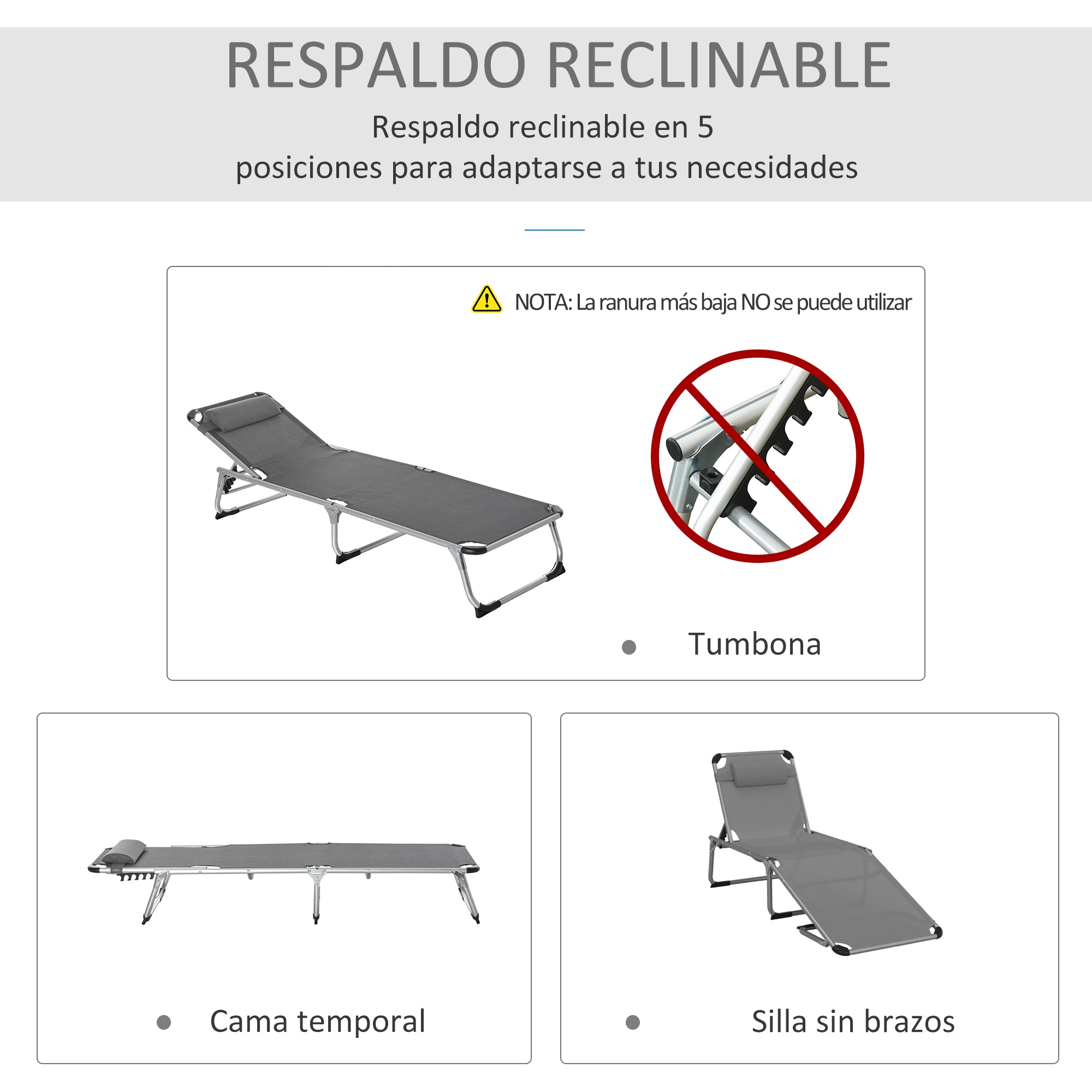 Outsunny Conjunto de 2 Tumbonas Plegables de Aluminio Tumbonas de Jardín Reclinables con Reposacabezas Extraíble y Respaldo Ajustable en 4 Posiciones para Terraza Piscina Playa 165x60x76 cm Gris