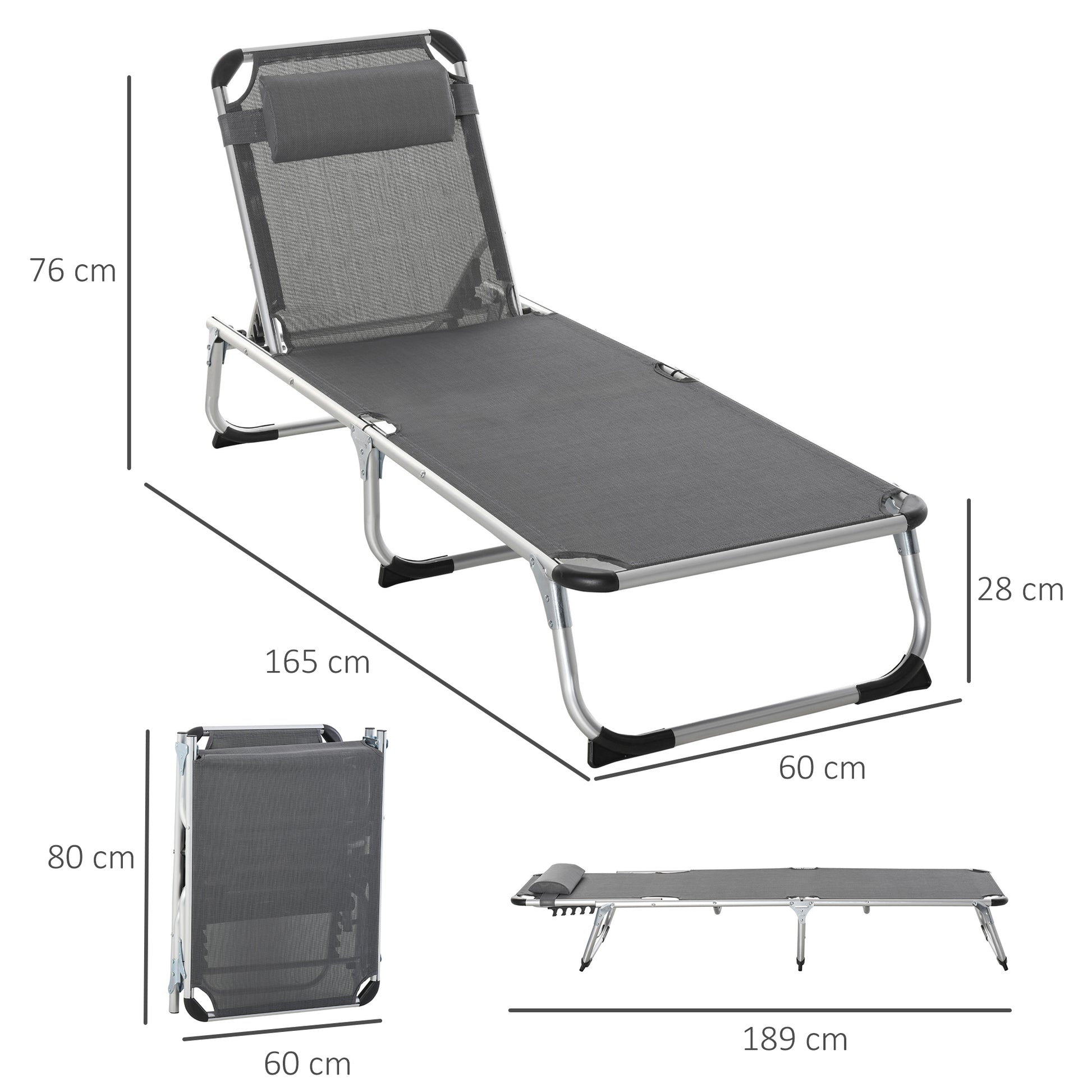 Outsunny Conjunto de 2 Tumbonas Plegables de Aluminio Tumbonas de Jardín Reclinables con Reposacabezas Extraíble y Respaldo Ajustable en 4 Posiciones para Terraza Piscina Playa 165x60x76 cm Gris