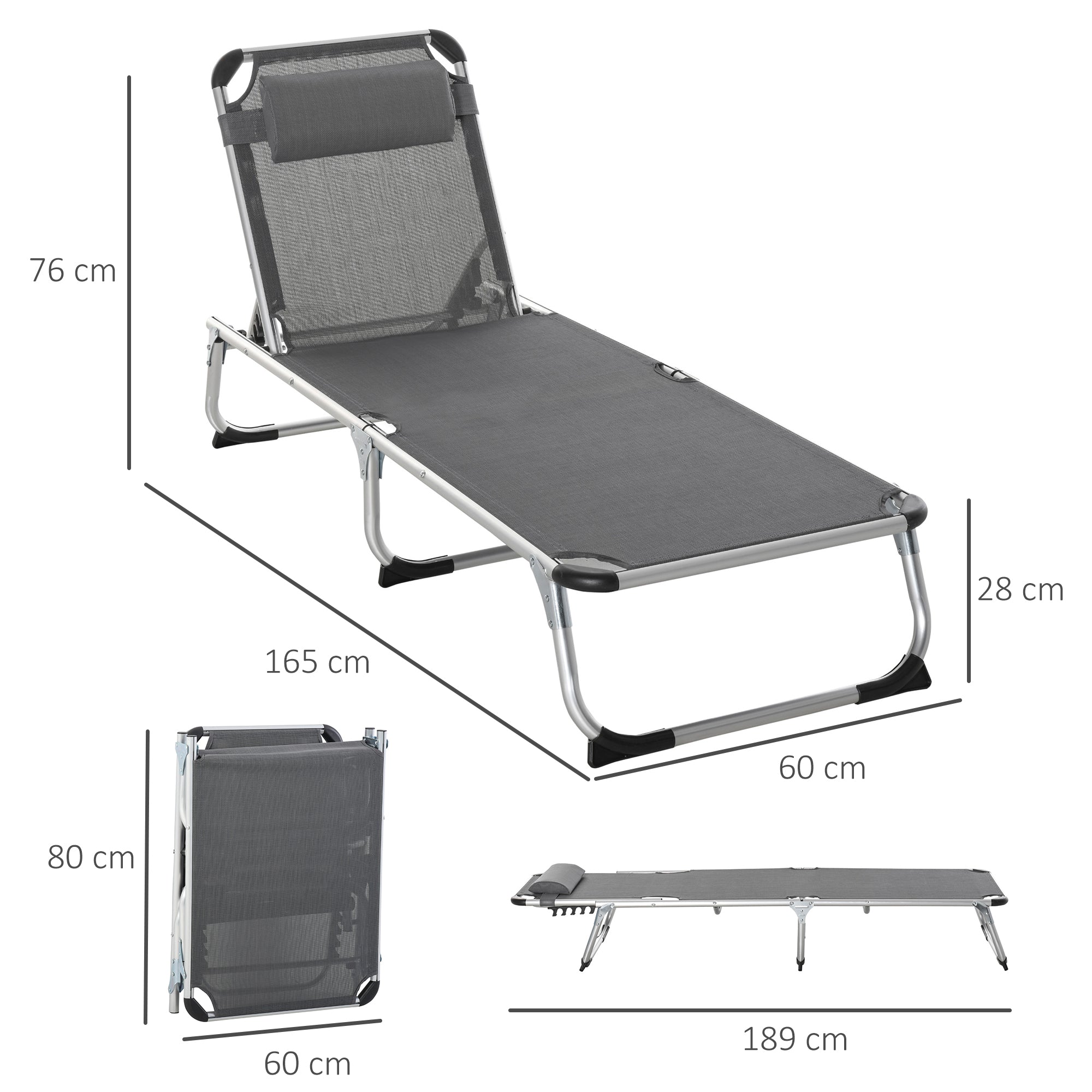 Outsunny Conjunto de 2 Tumbonas Plegables de Aluminio Tumbonas de Jardín Reclinables con Reposacabezas Extraíble y Respaldo Ajustable en 4 Posiciones para Terraza Piscina Playa 165x60x76 cm Gris