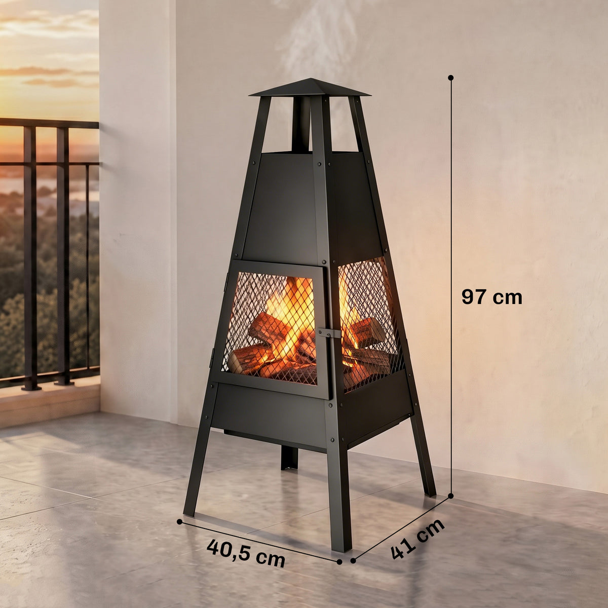 Outsunny Brasero Exterior con Chimenea Cónica, 41x40,5x97 cm, Brasero Exterior Jardín de Acero al Carbono con Malla Protectora, para Patio, Terraza, Camping, Fiesta, Negro