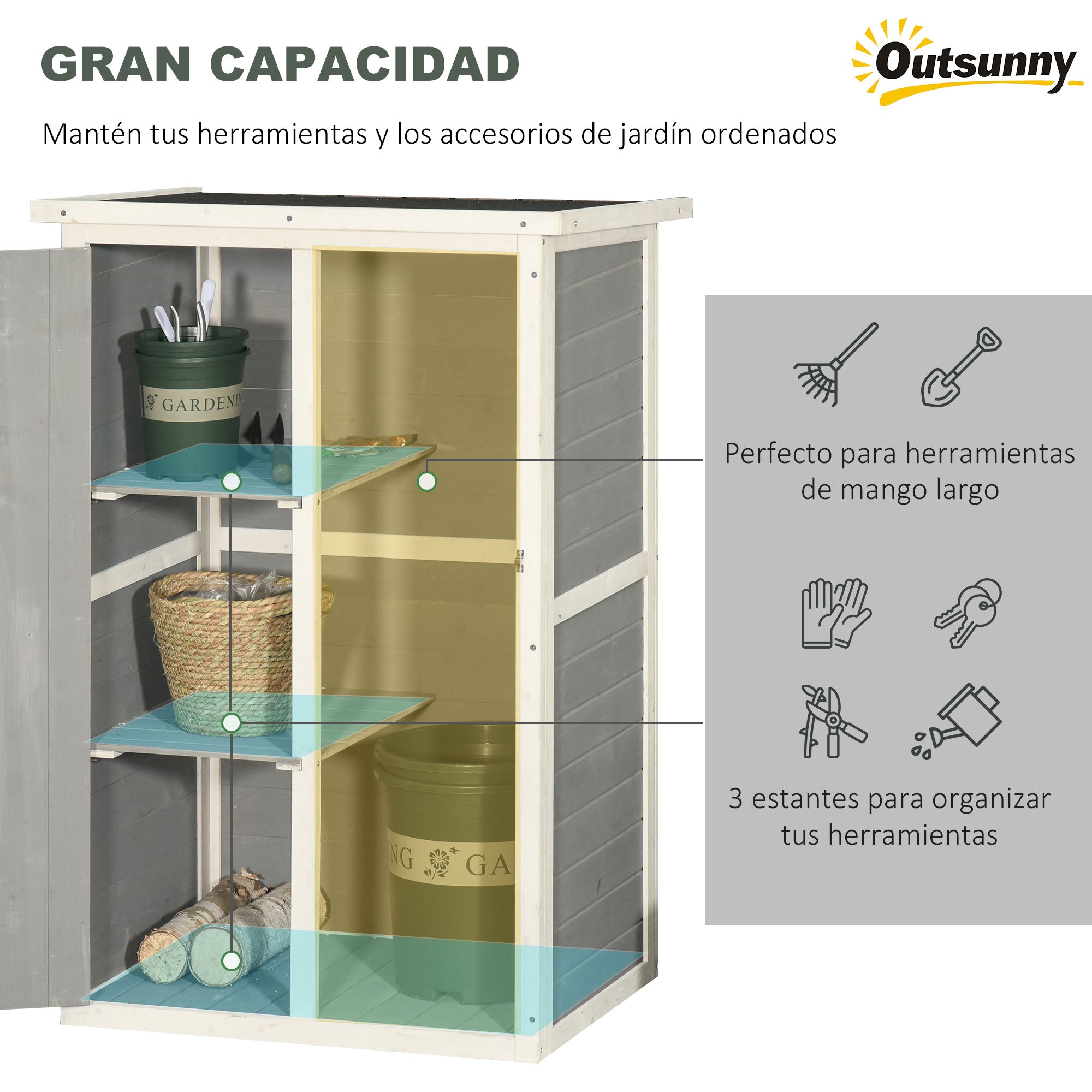 Outsunny Caseta de Jardín de Madera 75x56x115 cm Armario Cobertizo de Exterior para Herramientas con 3 Estantes Interiores Puerta con Pestillo y Techo Asfáltico Gris