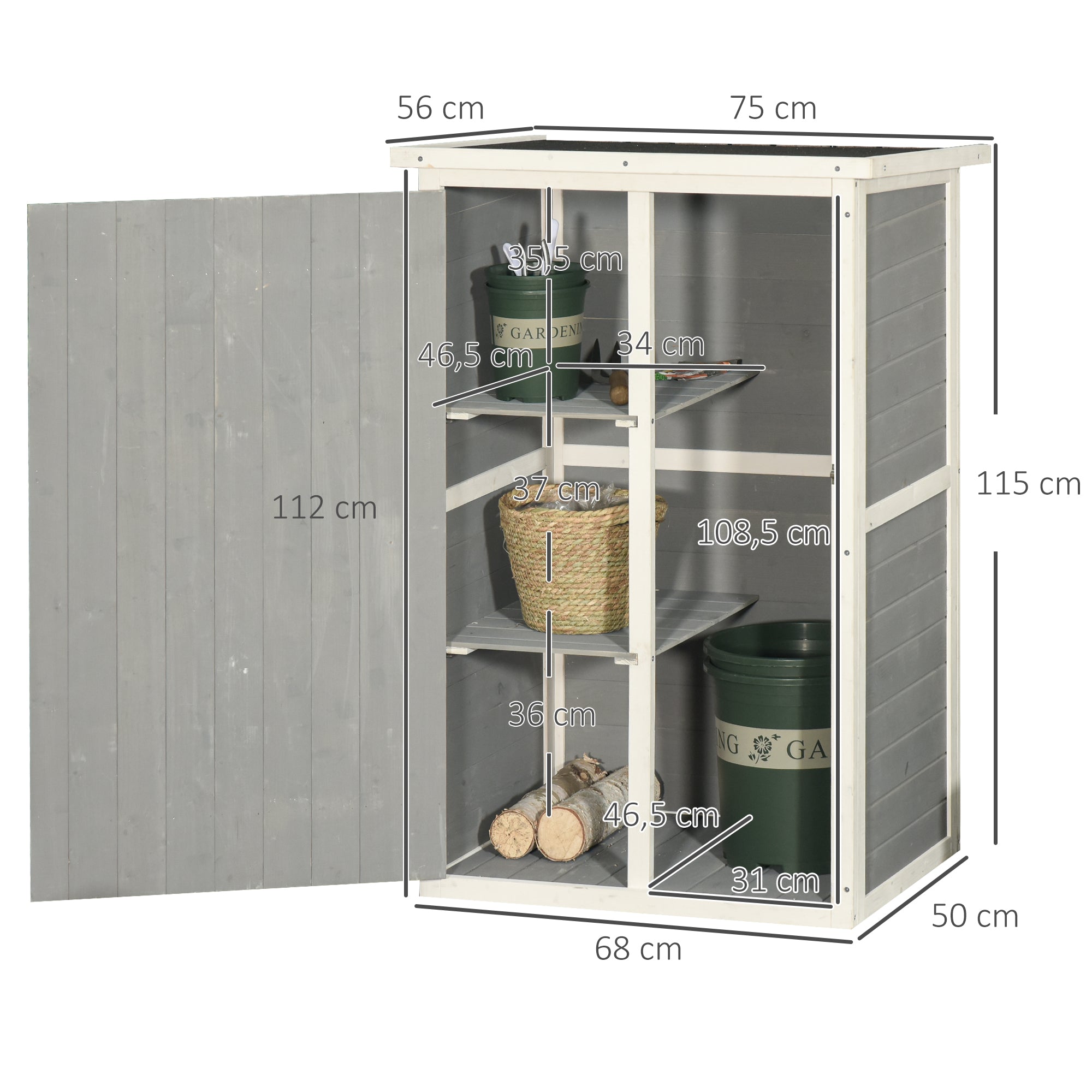 Outsunny Caseta de Jardín de Madera 75x56x115 cm Armario Cobertizo de Exterior para Herramientas con 3 Estantes Interiores Puerta con Pestillo y Techo Asfáltico Gris