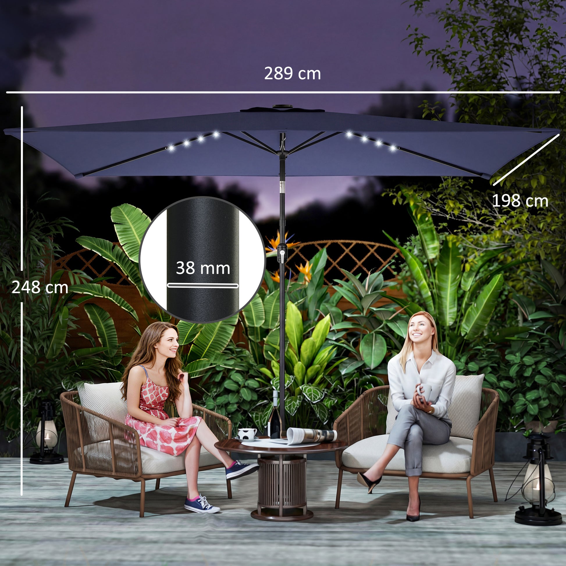Outsunny Sombrilla Terraza Exterior, 2,9x2,5 m, Sombrilla de Jardín con 24 Luces LED Solares, Dosel Inclinable, Poste Metálico, Parasol para Patio, Terraza, Azul Oscuro