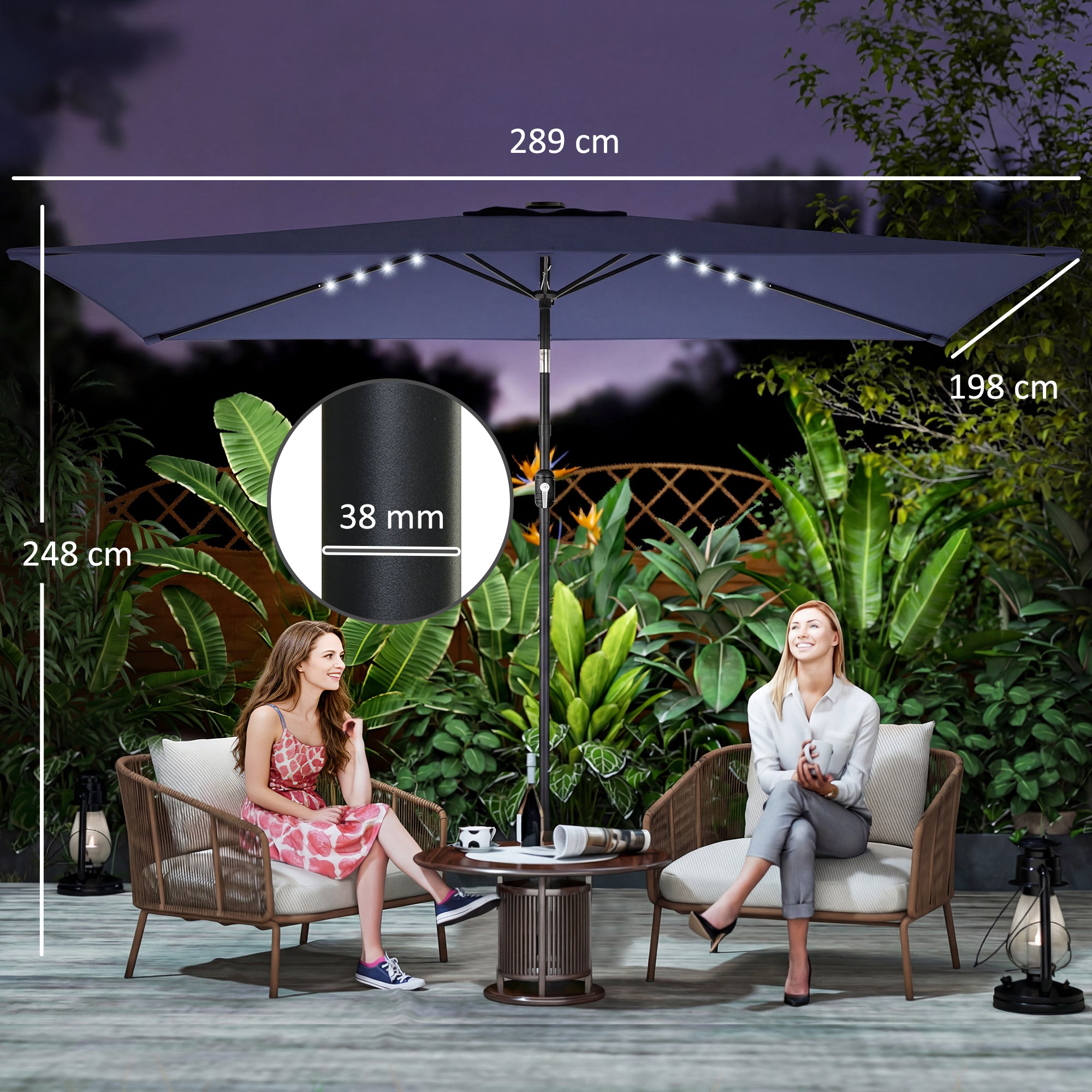 Outsunny Sombrilla Terraza Exterior, 2,9x2,5 m, Sombrilla de Jardín con 24 Luces LED Solares, Dosel Inclinable, Poste Metálico, Parasol para Patio, Terraza, Azul Oscuro
