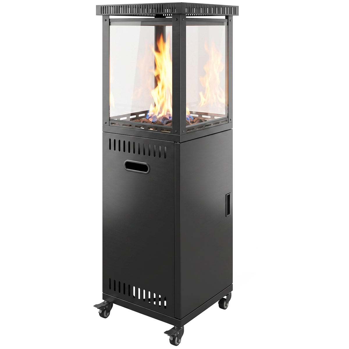 Outsunny Estufa de Gas Butano Exterior, 13 kW, Calefactor de Gas Terraza con Regulación Continua del Calor, Encendido Piezoeléctrico, Antivuelco, 4 Ruedas, Vidrio Templado y Piedras Lava, 30 m² Negro