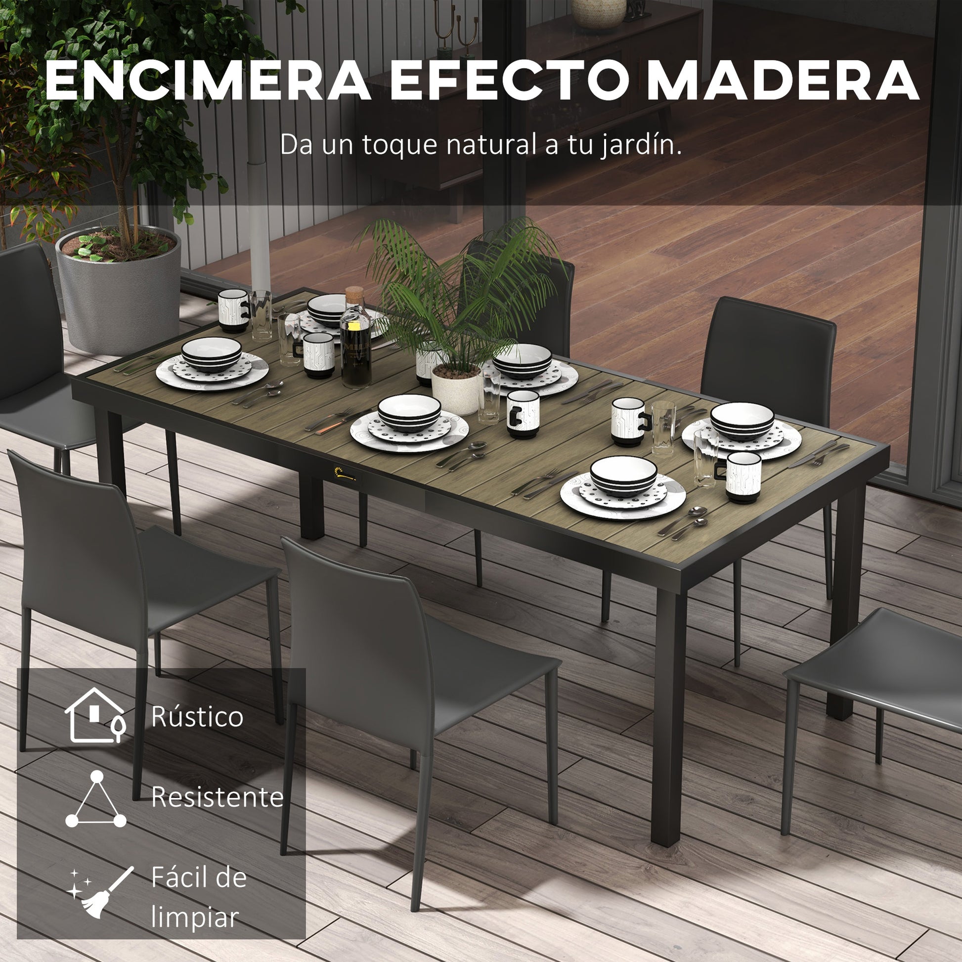 Outsunny Mesa de Comedor Exterior de Aluminio Mesa de Jardín Exterior para 8 Personas con Encimera de Listones para Terraza Balcón 190x90x74 cm Natural y Negro
