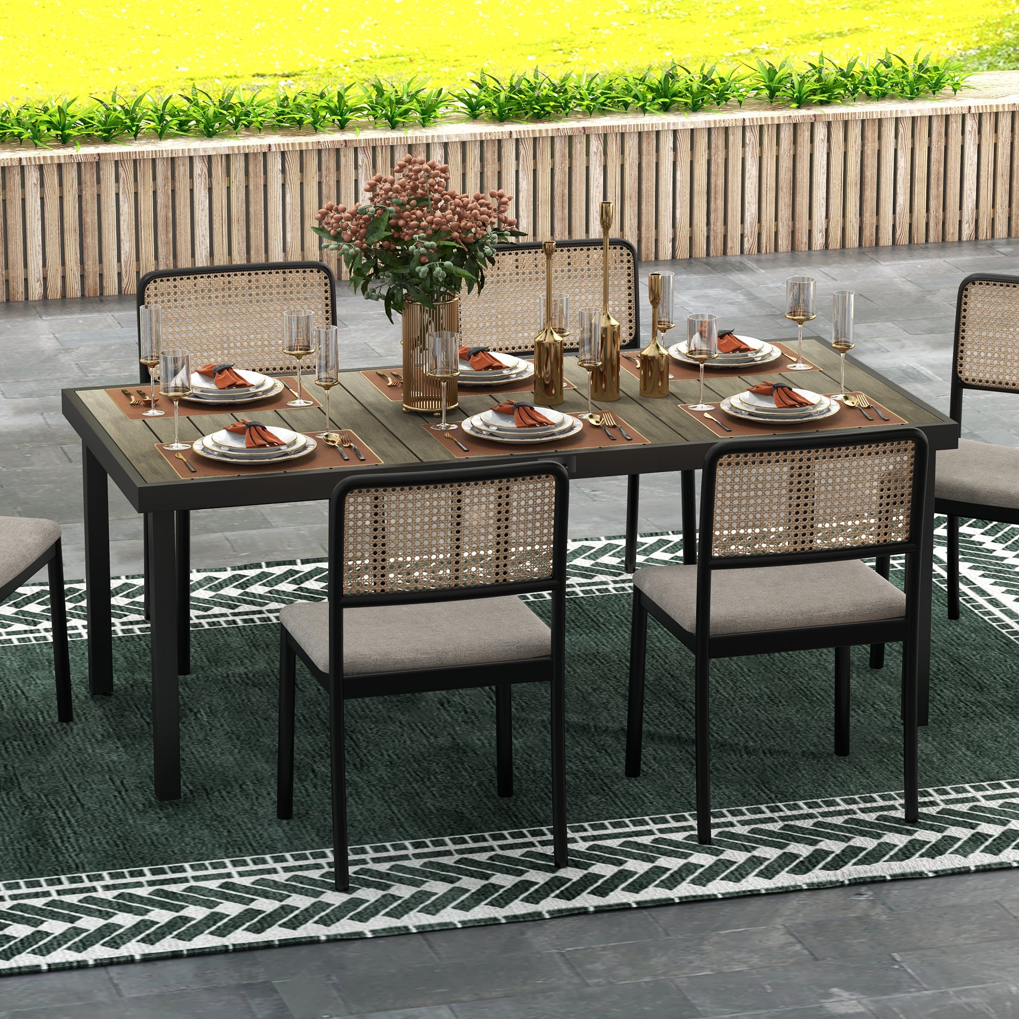 Outsunny Mesa de Comedor Exterior de Aluminio Mesa de Jardín Exterior para 8 Personas con Encimera de Listones para Terraza Balcón 190x90x74 cm Natural y Negro