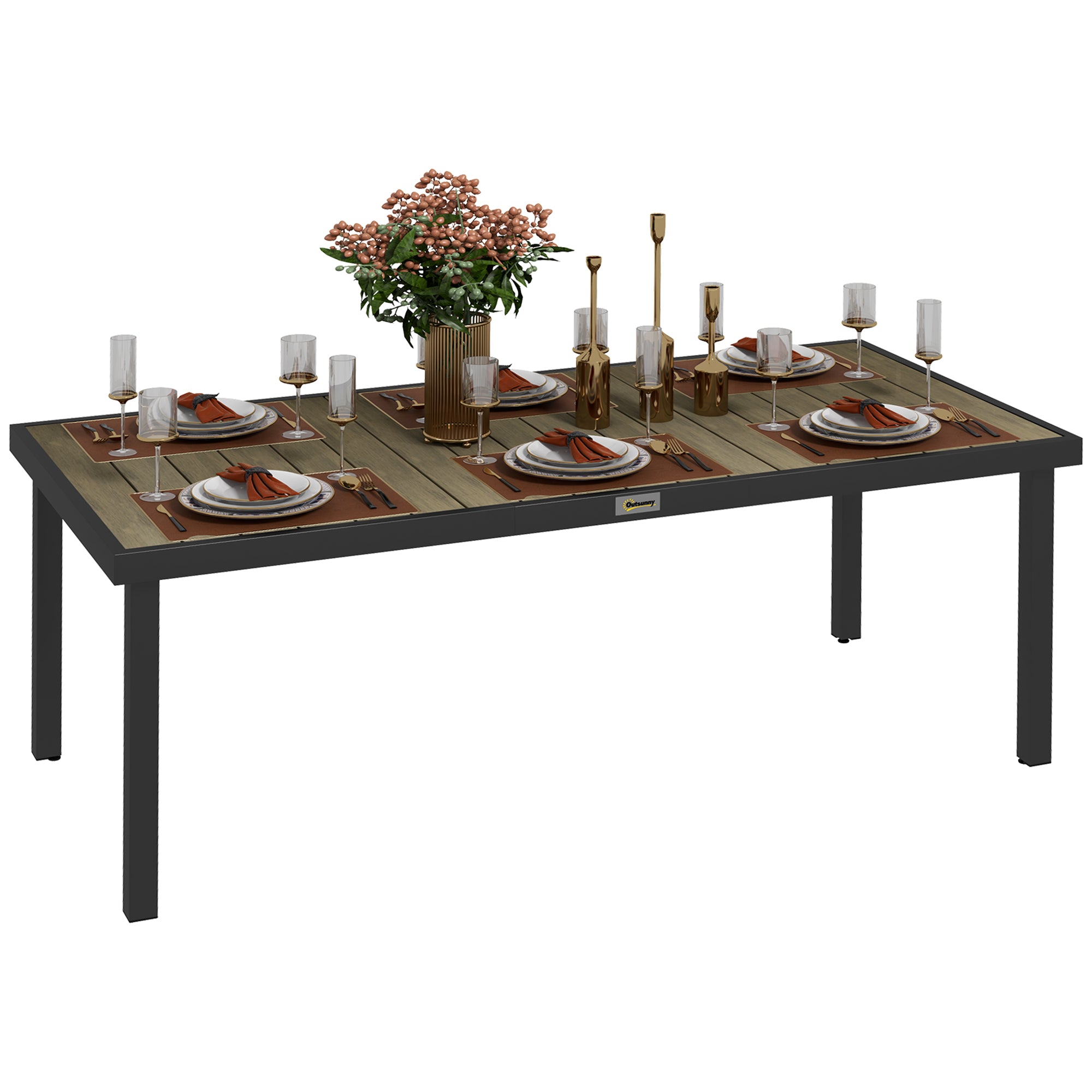 Outsunny Mesa de Comedor Exterior de Aluminio Mesa de Jardín Exterior para 8 Personas con Encimera de Listones para Terraza Balcón 190x90x74 cm Natural y Negro