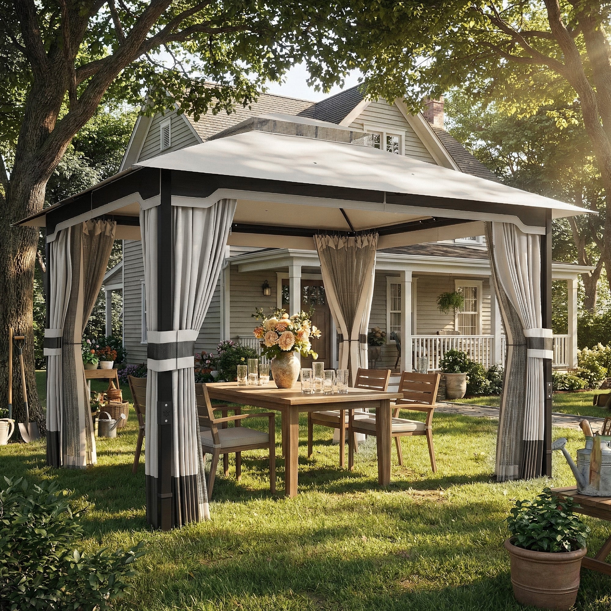 Outsunny Cenador para Jardín 3x3,6 m, Pabellón de Jardín Gazebo con Doble Techo, 4 Paredes Laterales y Mosquitera, Estructura Metálica, Drenaje, Carpa para Exterior, Terraza, Patio, Gris Claro