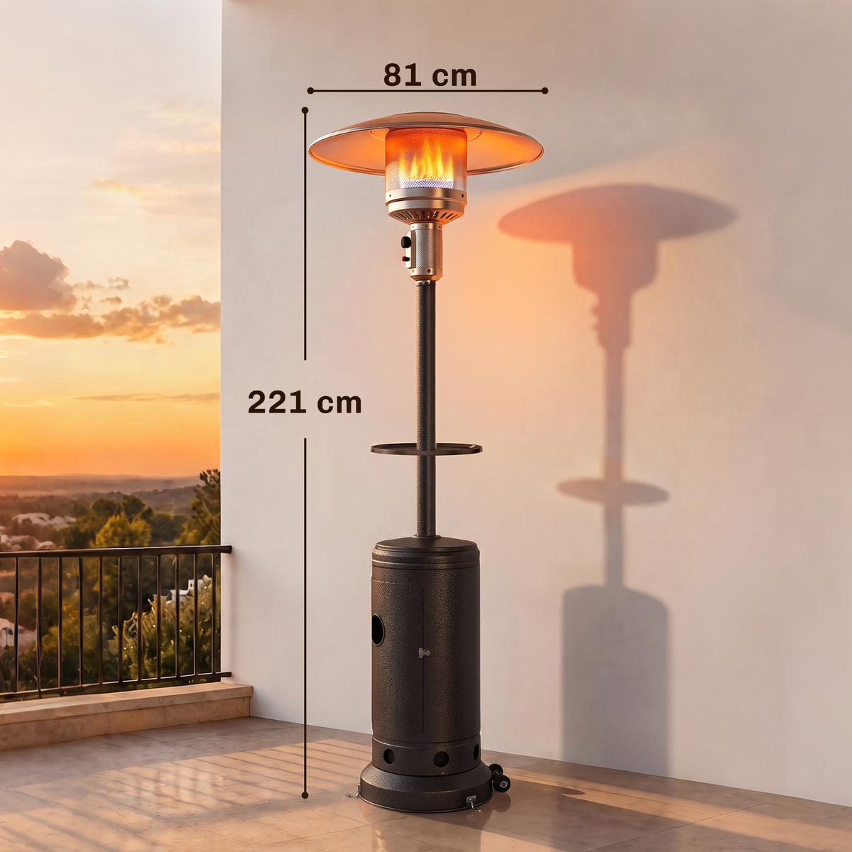 Outsunny Estufa de Gas Butano 13 kW, Calefactor de Gas Terraza Exterior con Mesa Ø40 cm, Regulación Continua del Calor, Encendido Piezoeléctrico, Antivuelco y 2 Ruedas para Jardín, 30 m², Marrón