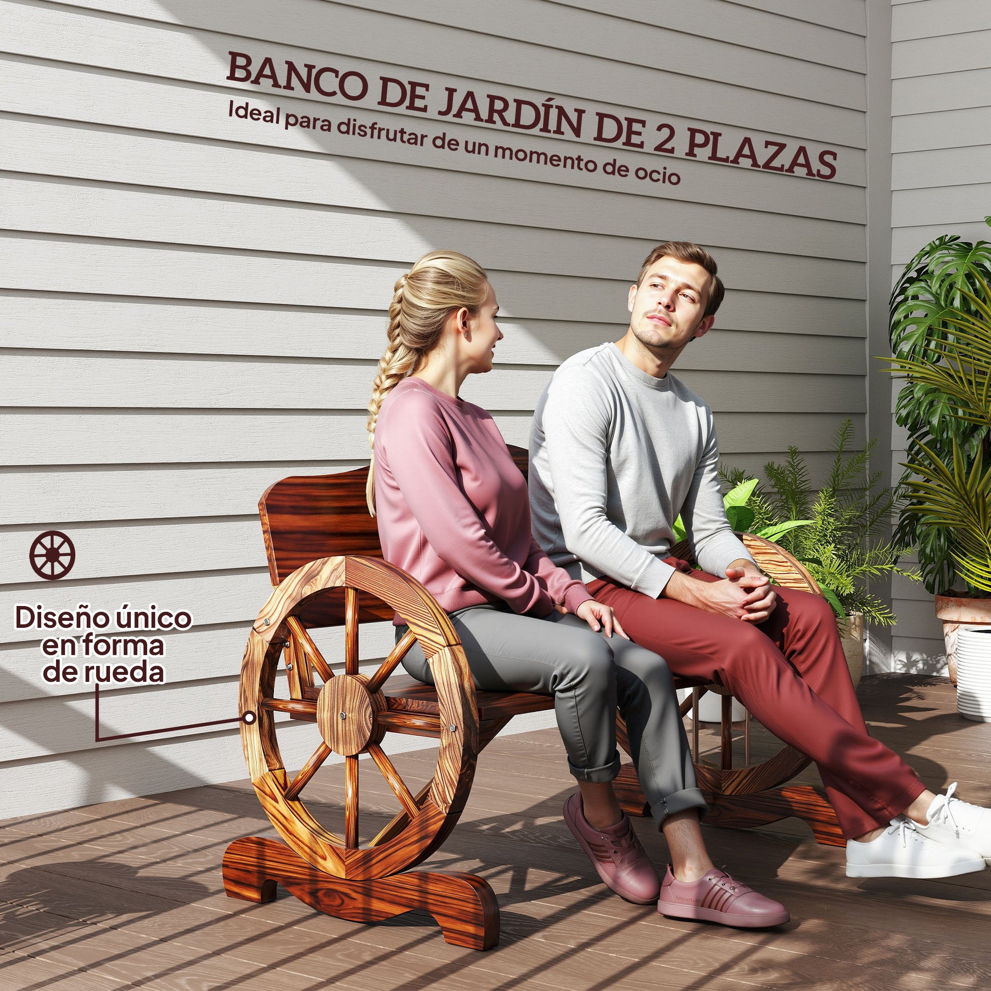 Outsunny Banco de Jardín de Madera Banco de Exterior con Reposabrazos en Forma de Rueda Estilo Rústico Carga 240 kg 2 Plazas para Patio Terraza 110x55x80 cm Carbonizado
