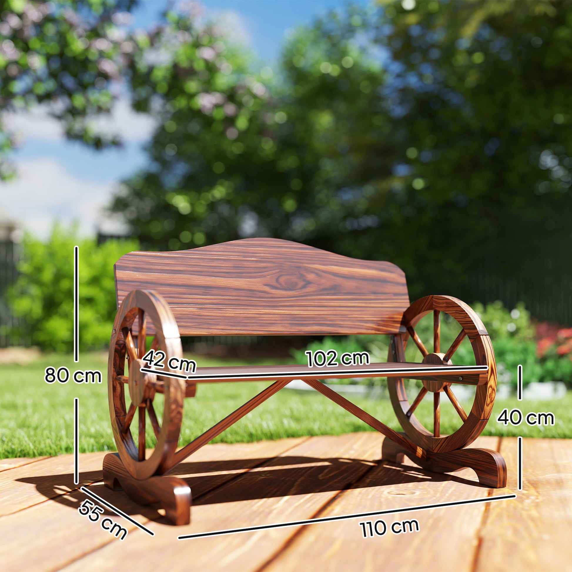 Outsunny Banco de Jardín de Madera Banco de Exterior con Reposabrazos en Forma de Rueda Estilo Rústico Carga 240 kg 2 Plazas para Patio Terraza 110x55x80 cm Carbonizado