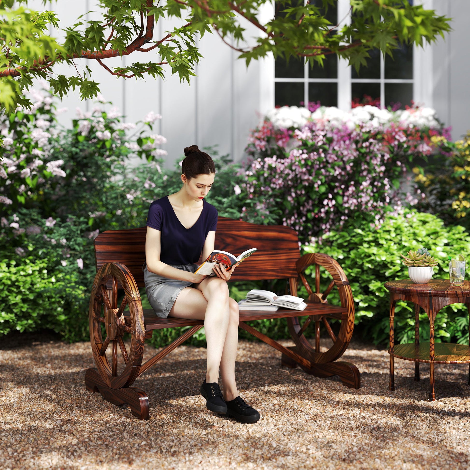 Outsunny Banco de Jardín de Madera Banco de Exterior con Reposabrazos en Forma de Rueda Estilo Rústico Carga 240 kg 2 Plazas para Patio Terraza 110x55x80 cm Carbonizado