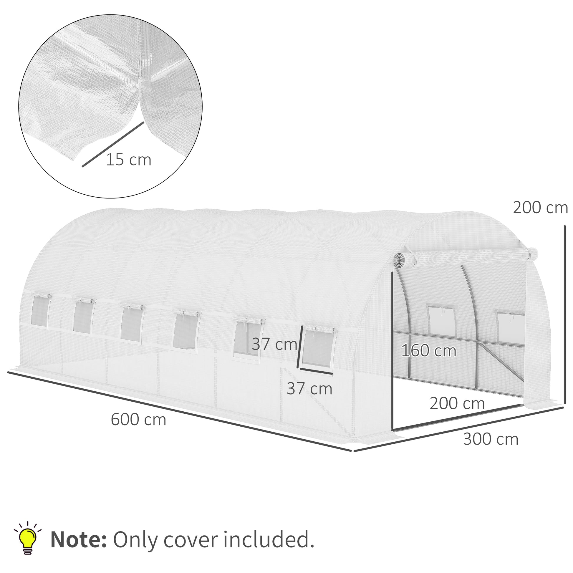 Outsunny Plásticos para Invernaderos 6x3x2 m Cubierta de Repuesto para Invernadero de Polietileno con 12 Ventanas y Puerta Enrollable Protección de Plantas para Jardín Blanco