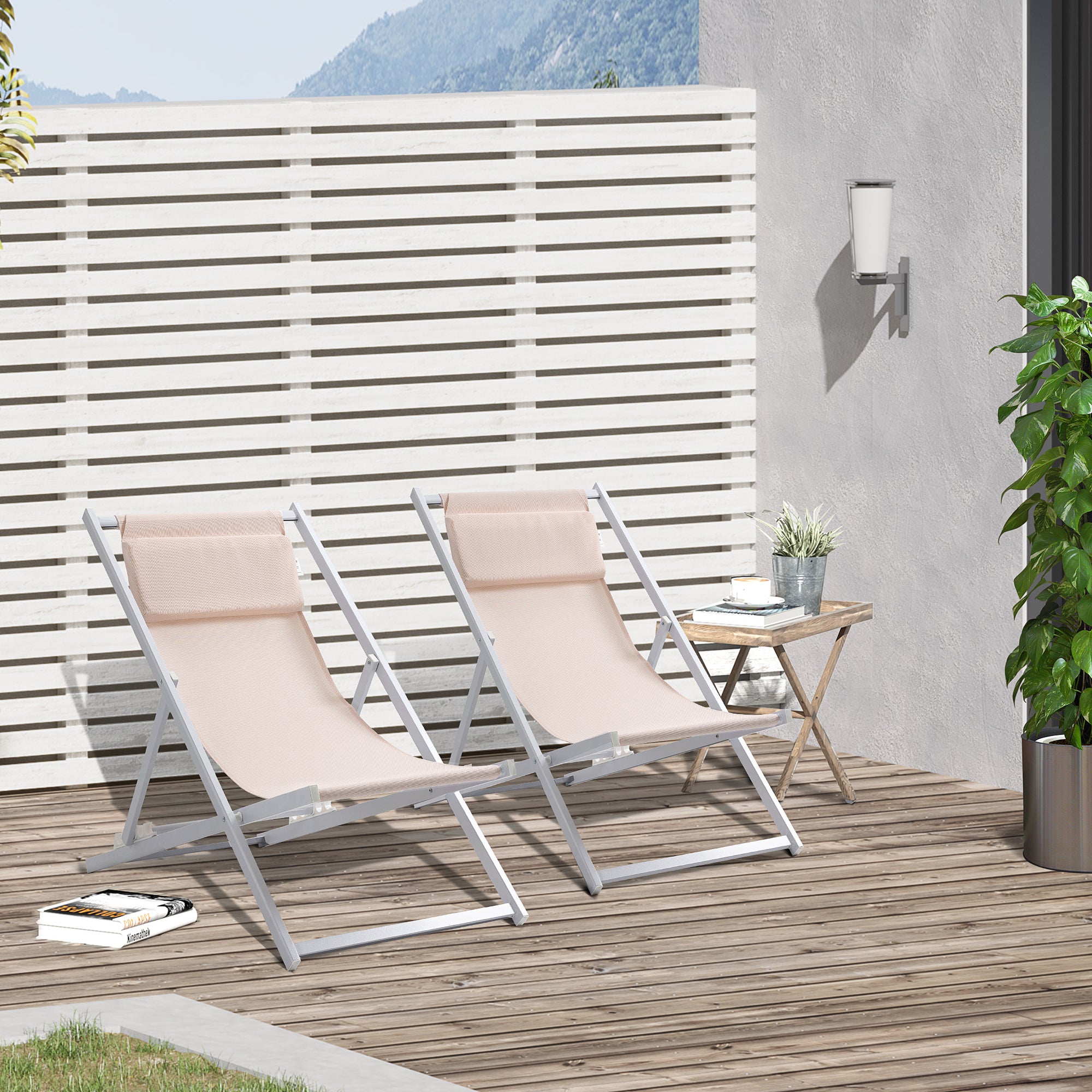 Outsunny Conjunto de 2 Tumbonas Plegables con Respaldo Regulable en 5 Posiciones y Reposacabezas Acolchado Incorporado 58x96,5x91,5 cm Beige