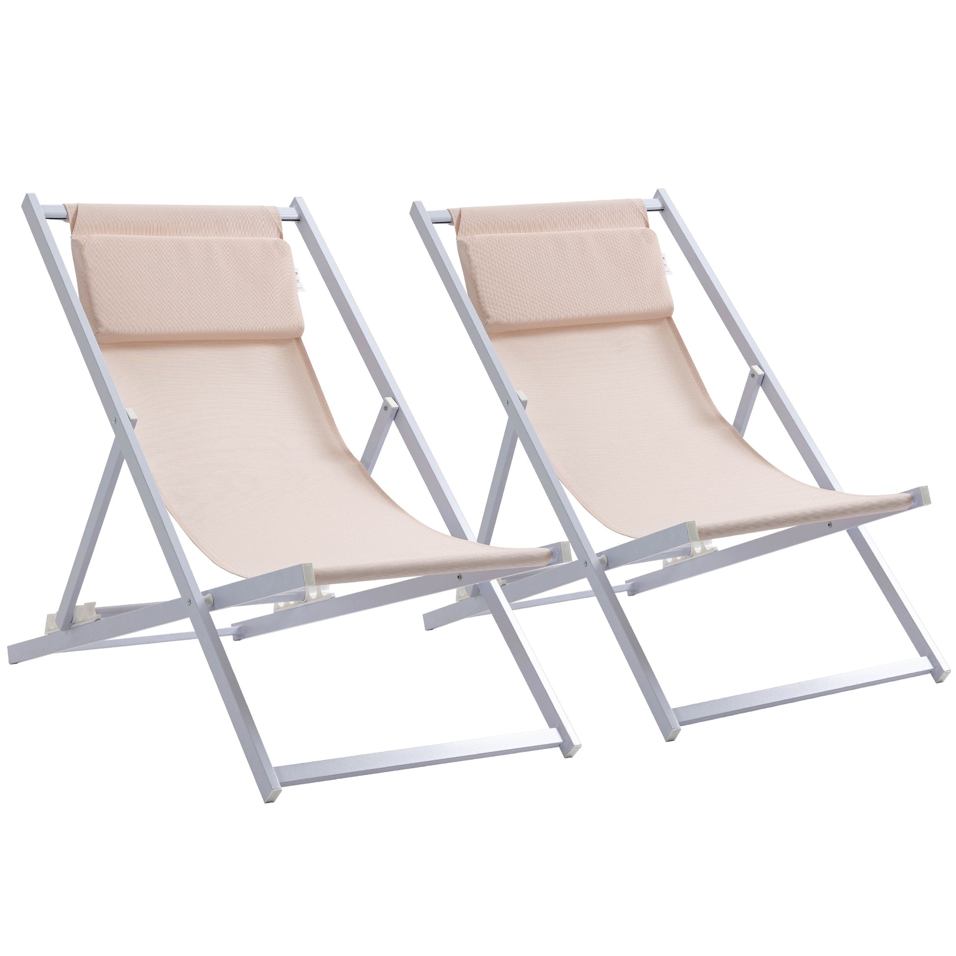 Outsunny Conjunto de 2 Tumbonas Plegables con Respaldo Regulable en 5 Posiciones y Reposacabezas Acolchado Incorporado 58x96,5x91,5 cm Beige