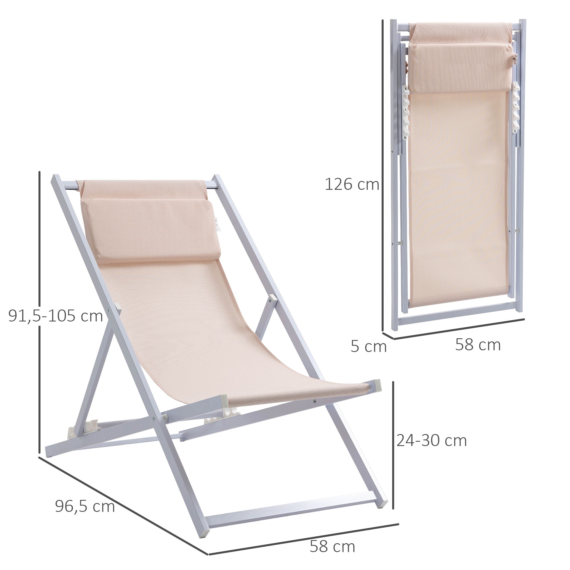 Outsunny Conjunto de 2 Tumbonas Plegables con Respaldo Regulable en 5 Posiciones y Reposacabezas Acolchado Incorporado 58x96,5x91,5 cm Beige
