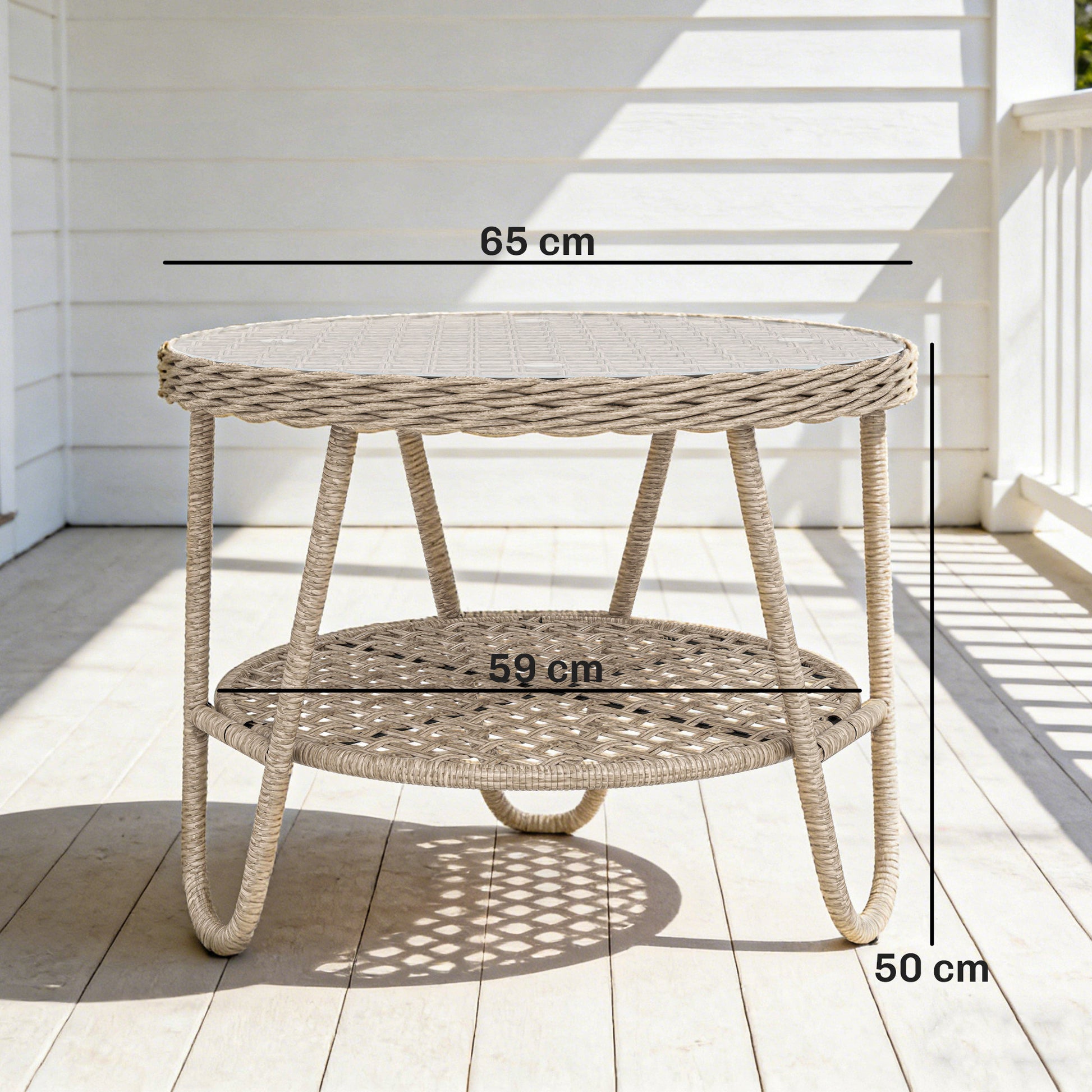 Outsunny Mesa de Jardín Exterior de Ratán, Mesita Auxiliar de Jardín con Estante, Tablero de Vidrio Templado, Estructura de Metal, para Terraza, Patio, Balcón, 65x65x50 cm, Amarillo
