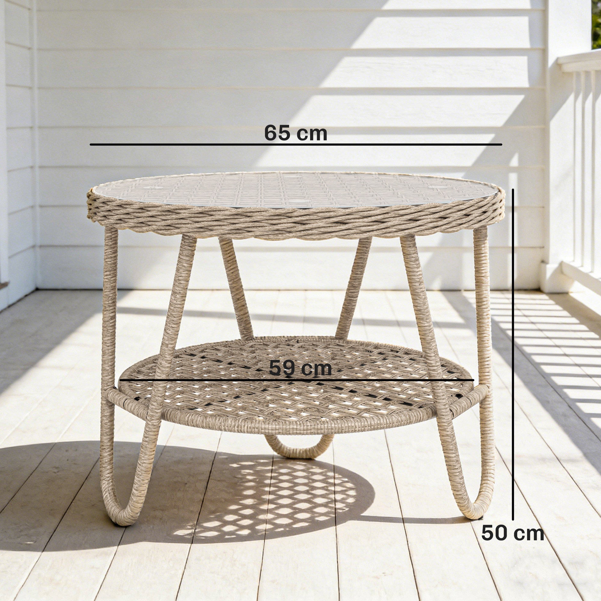 Outsunny Mesa de Jardín Exterior de Ratán, Mesita Auxiliar de Jardín con Estante, Tablero de Vidrio Templado, Estructura de Metal, para Terraza, Patio, Balcón, 65x65x50 cm, Amarillo