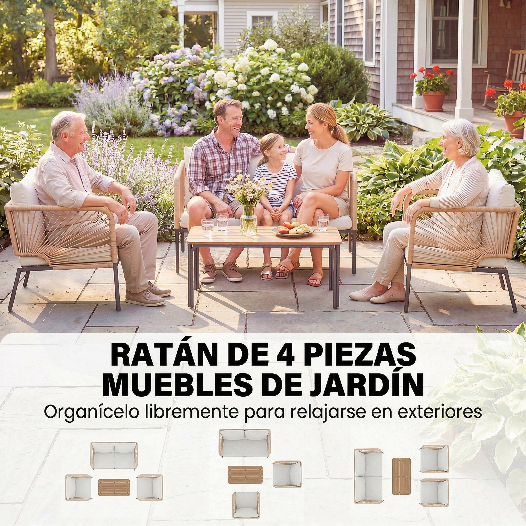 Outsunny Conjunto Jardín Exterior de 4 Piezas, Muebles Jardín Exterior con Sofá de 2 Plazas, 2 Sillones, Mesa de WPC, Ratán PE Tipo Cuerda, Cojines Acolchados y Marco de Metal para Terraza, Blanco