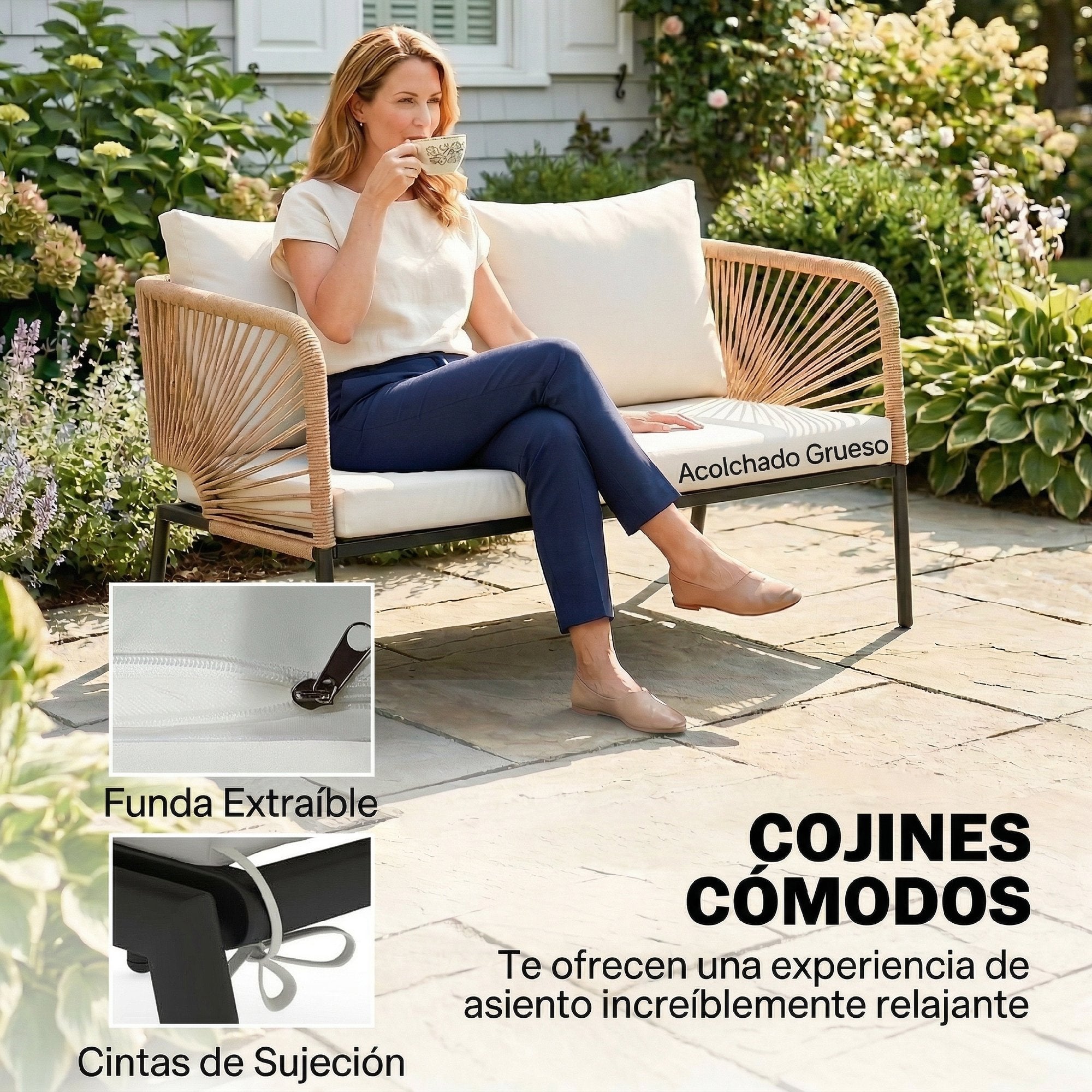 Outsunny Conjunto Jardín Exterior de 4 Piezas, Muebles Jardín Exterior con Sofá de 2 Plazas, 2 Sillones, Mesa de WPC, Ratán PE Tipo Cuerda, Cojines Acolchados y Marco de Metal para Terraza, Blanco