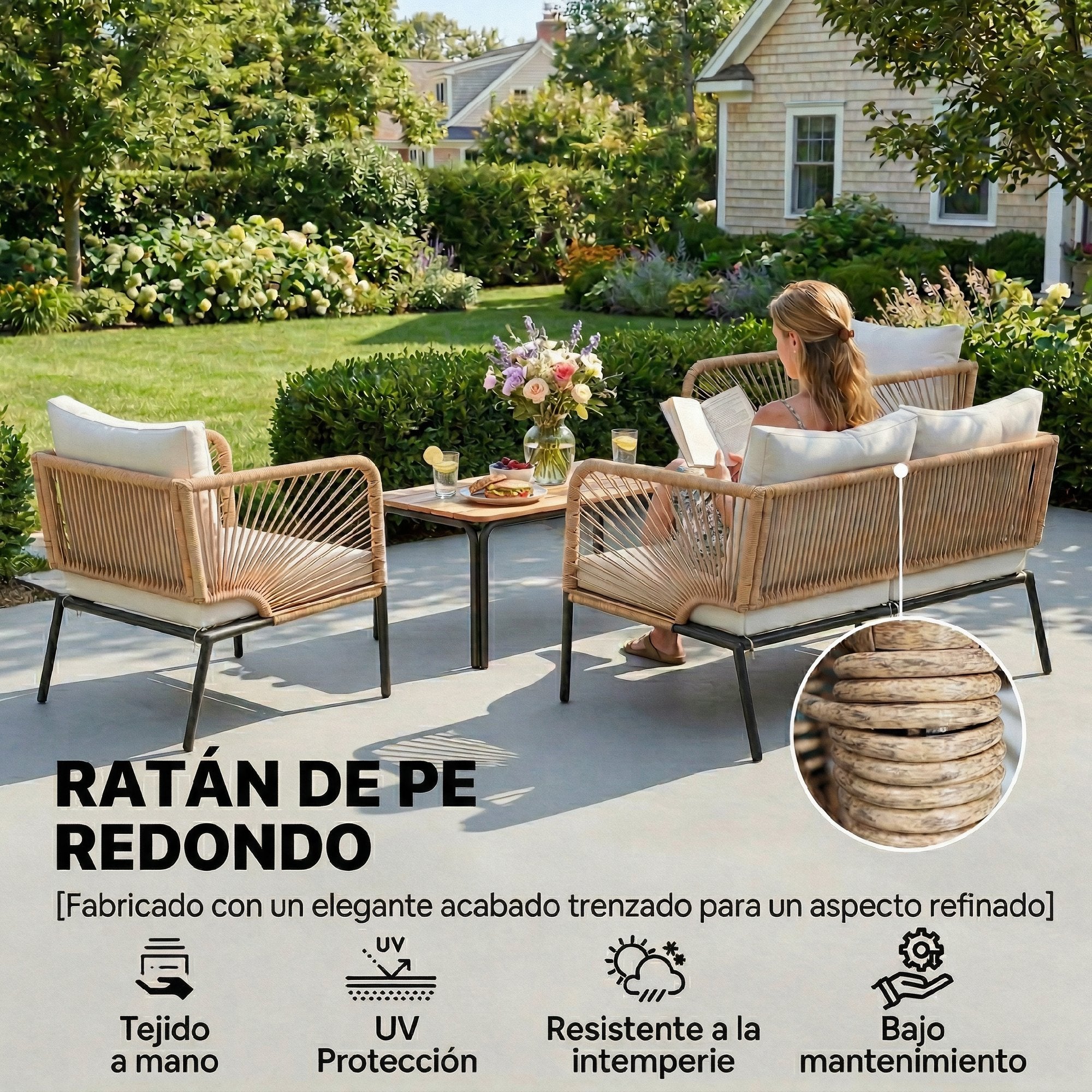 Outsunny Conjunto Jardín Exterior de 4 Piezas, Muebles Jardín Exterior con Sofá de 2 Plazas, 2 Sillones, Mesa de WPC, Ratán PE Tipo Cuerda, Cojines Acolchados y Marco de Metal para Terraza, Blanco