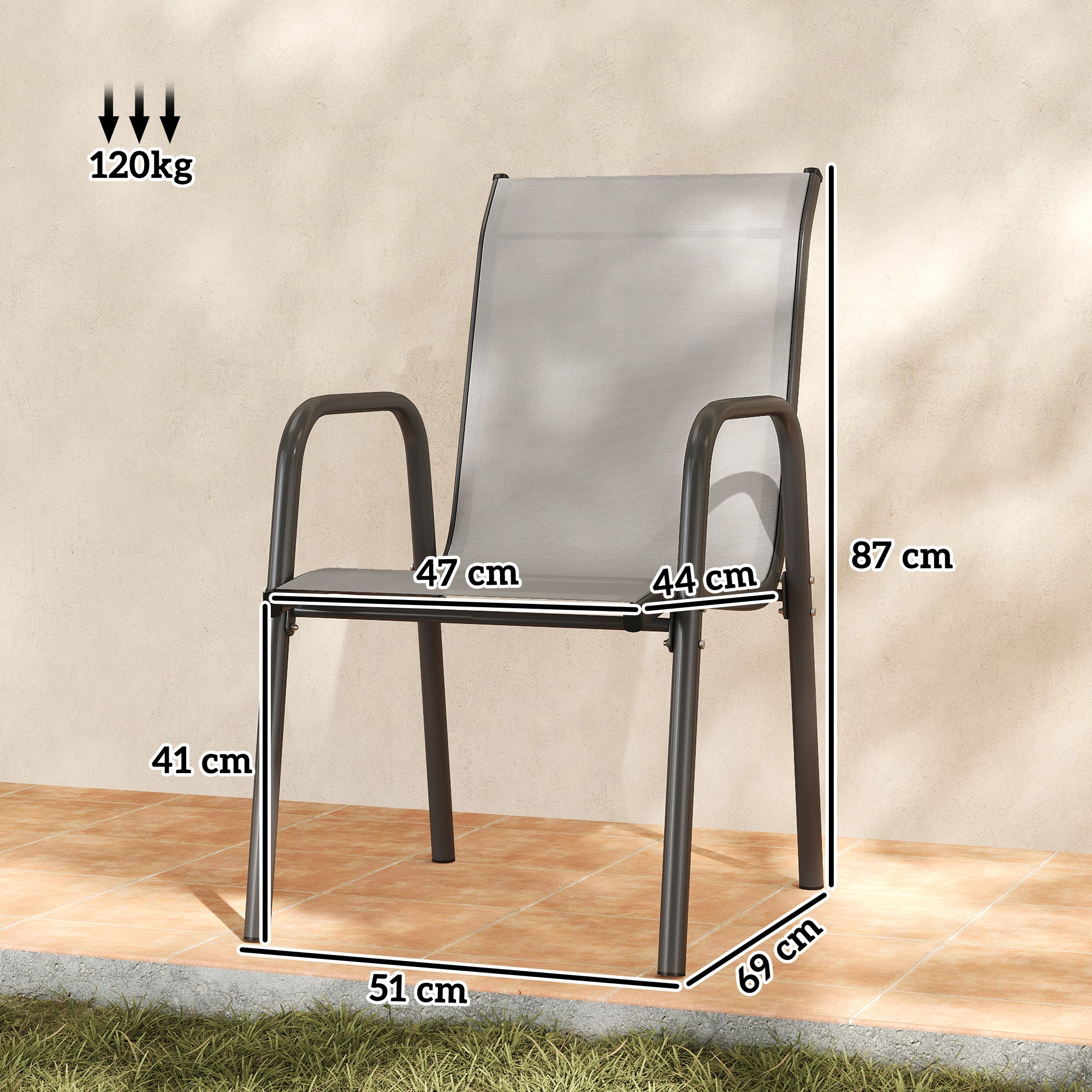 Outsunny Juego de 6 Sillas de Jardín Exterior Apilables, Sillas Terraza Exterior con Reposabrazos, Asiento y Respaldo de Malla Transpirable, Estructura Metálica Resistente, 51x69x87 cm, Gris Claro