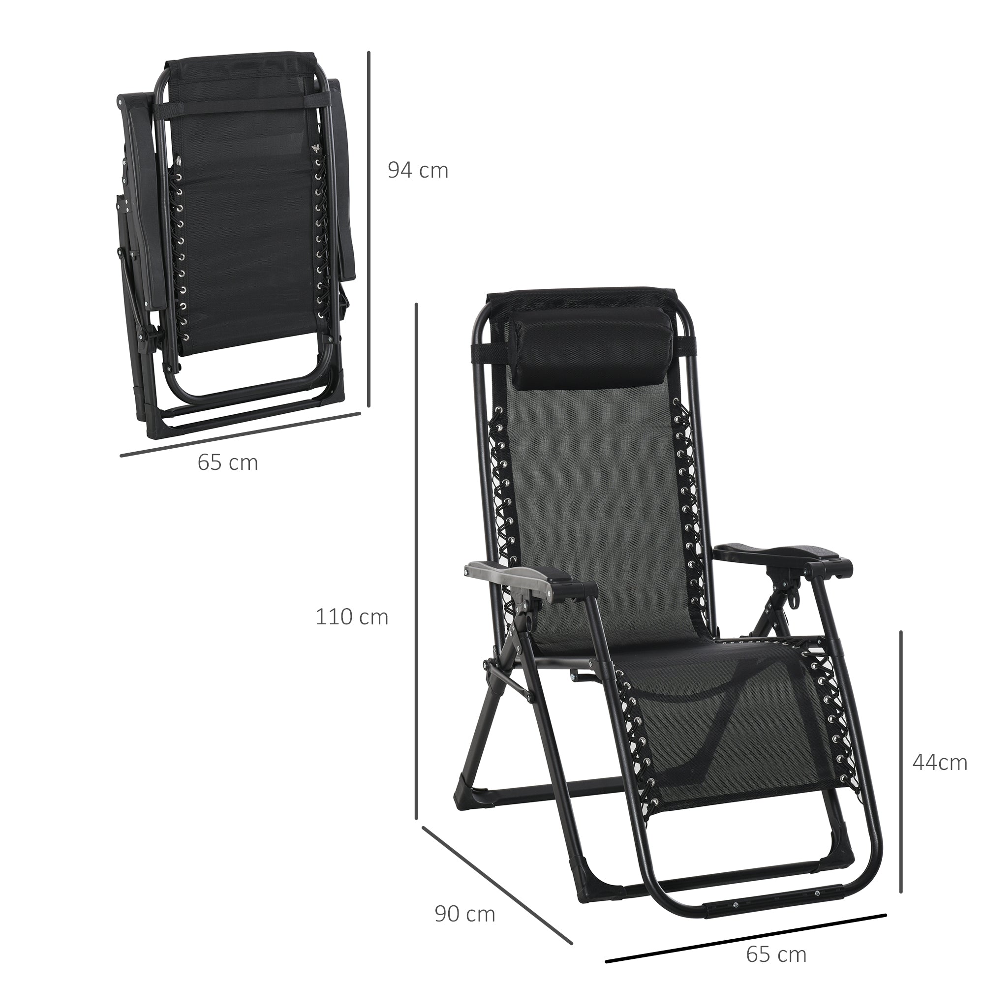 Outsunny Tumbona Plegable Silla Reclinable con Cojín Extraíble Acolchado de Texteline para Patio Playa Jardín Carga 120 kg 90x65x110 cm Gris