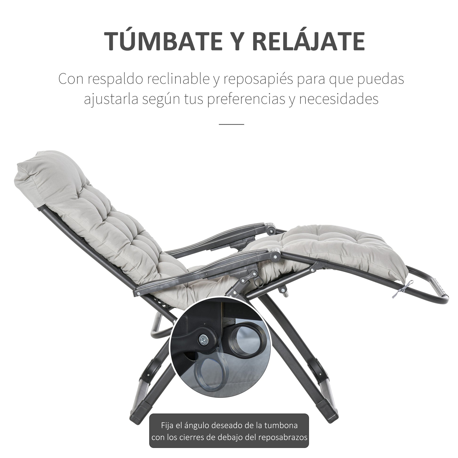 Outsunny Tumbona Plegable Silla Reclinable con Cojín Extraíble Acolchado de Texteline para Patio Playa Jardín Carga 120 kg 90x65x110 cm Gris