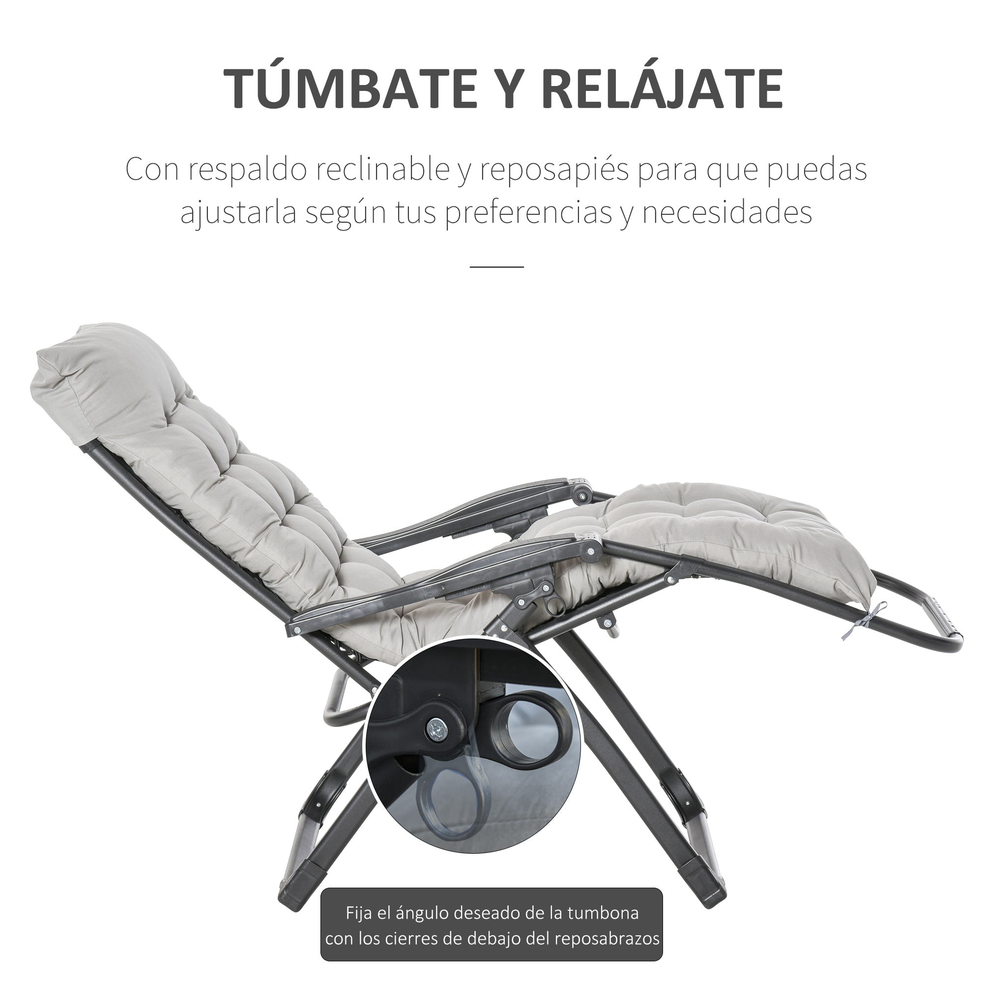 Outsunny Tumbona Plegable Silla Reclinable con Cojín Extraíble Acolchado de Texteline para Patio Playa Jardín Carga 120 kg 90x65x110 cm Gris