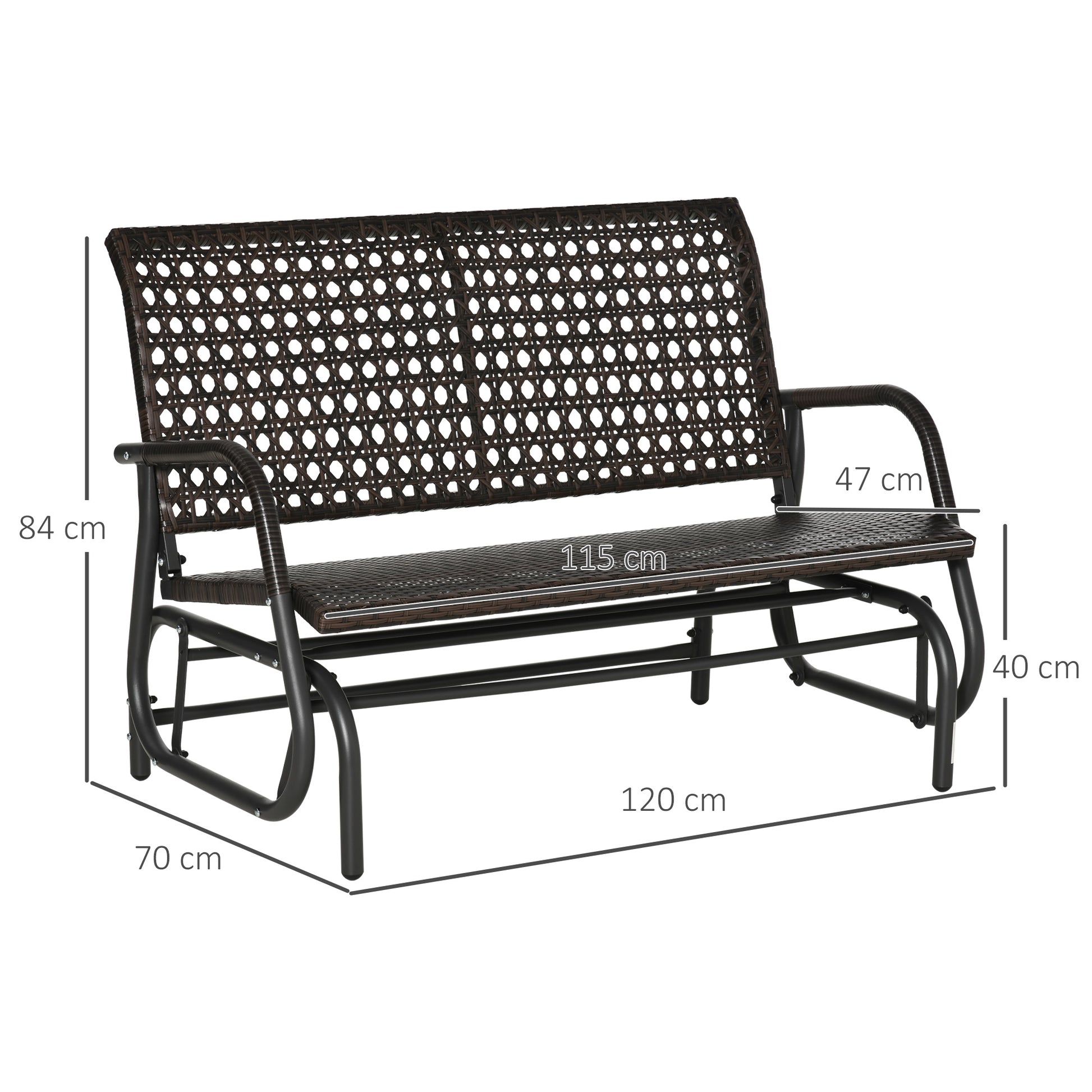 Outsunny Mecedora de Ratán de 2 Plazas Banco Balancín de Jardín con Balanceo Ergonómico y Marco de Metal para Terraza Balcón Exterior Patio Hotel Carga 220 kg 120x70x84 cm Marrón