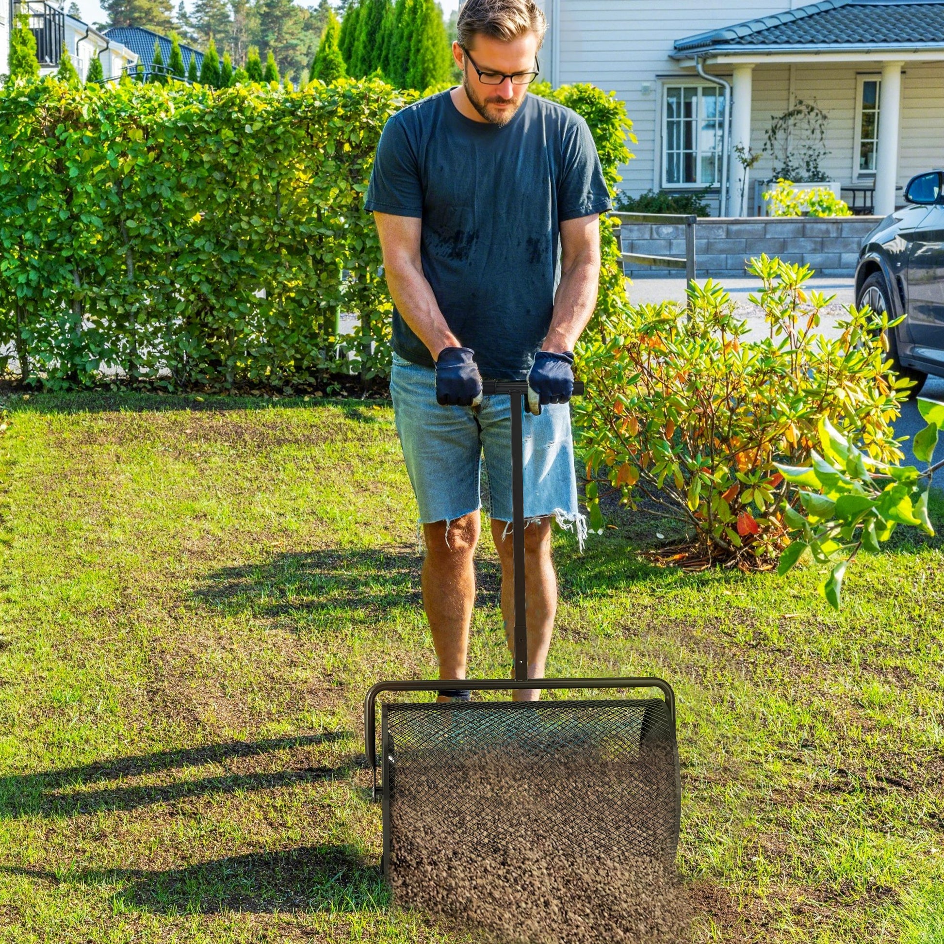 Outsunny Esparcidor de Compost 75L 70x40x112 cm Esparcidor de Abono para Césped con Asa Ajustable Cesto de Malla Metálica para Cuidado de Césped Jardín Negro