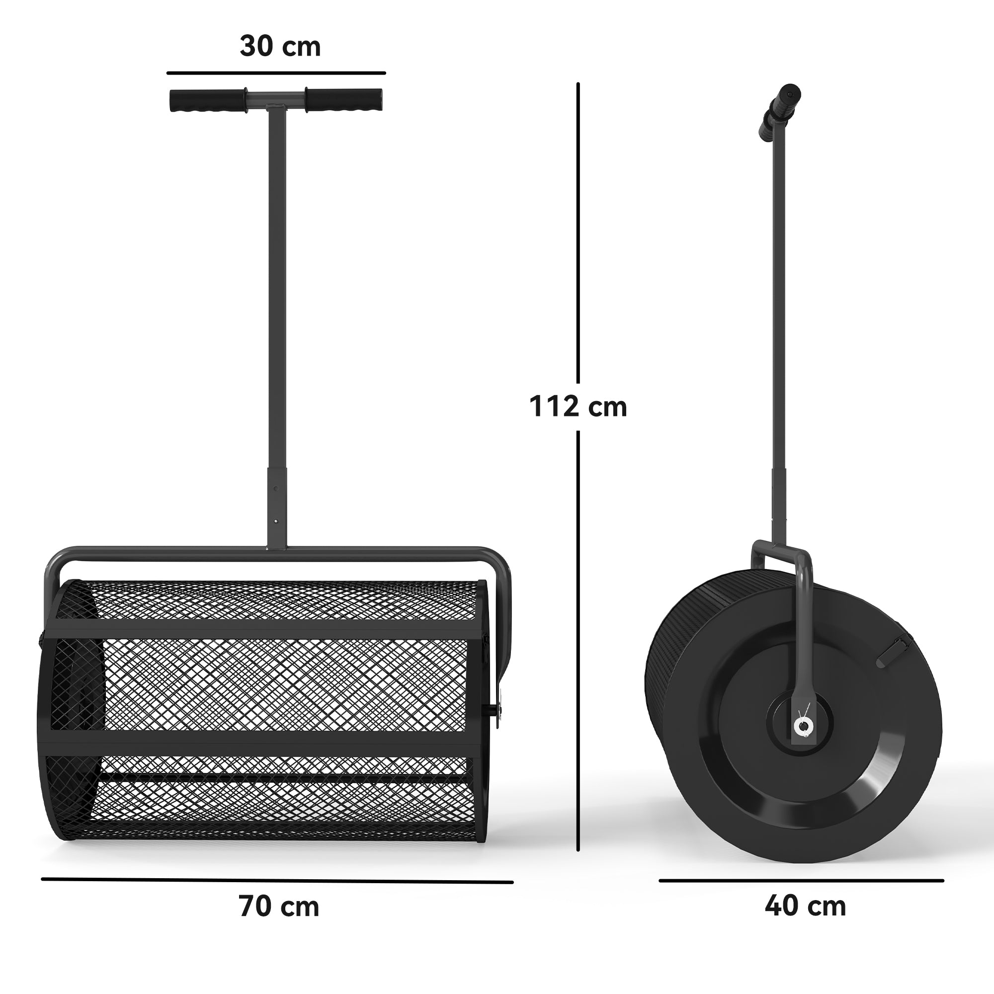 Outsunny Esparcidor de Compost 75L 70x40x112 cm Esparcidor de Abono para Césped con Asa Ajustable Cesto de Malla Metálica para Cuidado de Césped Jardín Negro