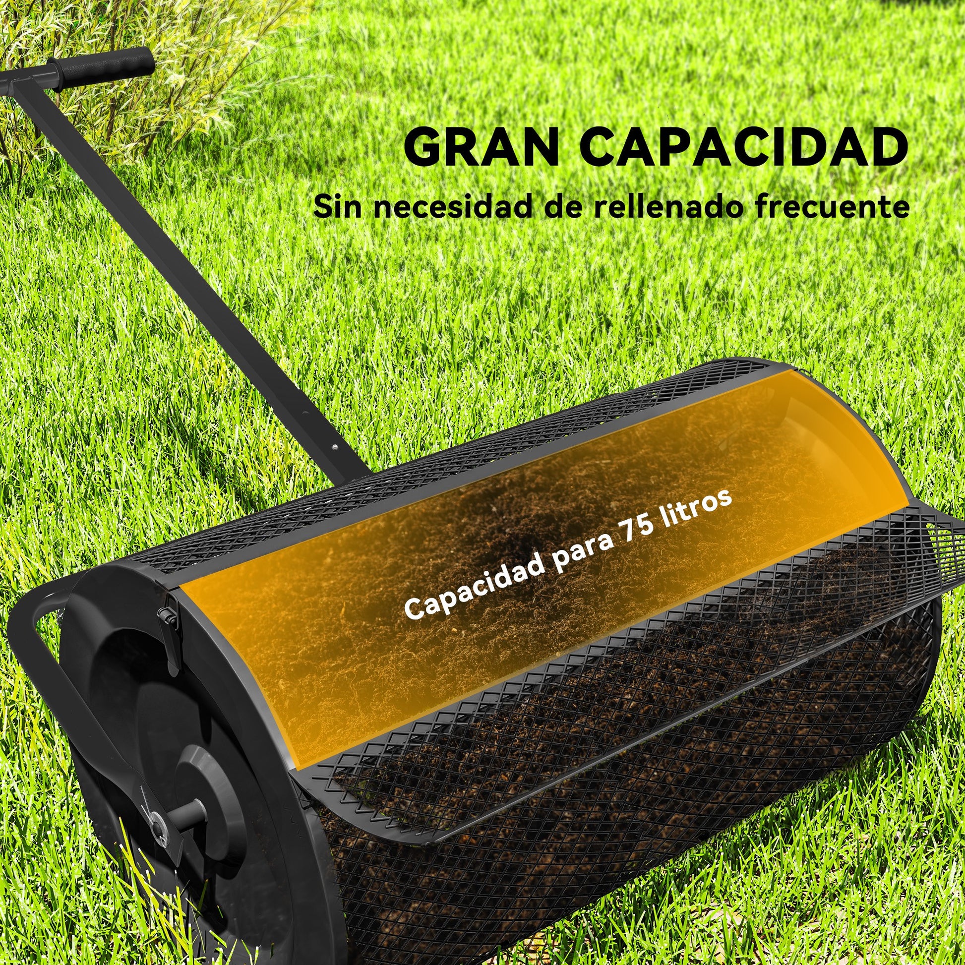 Outsunny Esparcidor de Compost 75L 70x40x112 cm Esparcidor de Abono para Césped con Asa Ajustable Cesto de Malla Metálica para Cuidado de Césped Jardín Negro