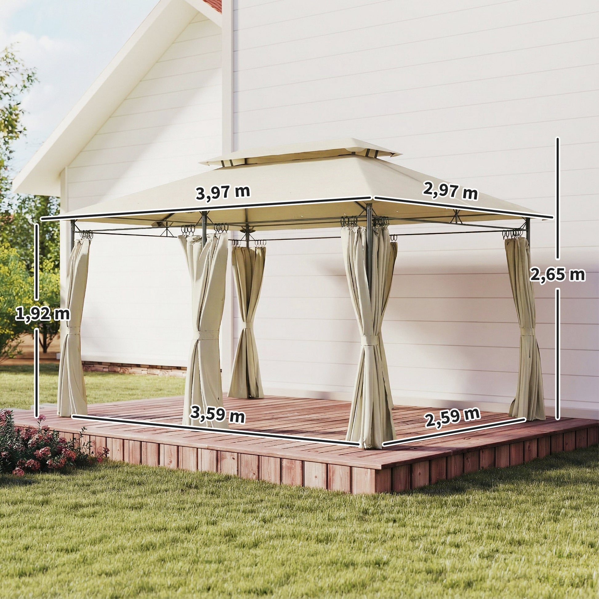 Outsunny Cenador de Jardín 4x3 m, Pabellón de Jardín Gazebo con Doble Techo, 6 Paredes Laterales, Estructura Metálica, Orificios de Drenaje, Carpa para Exterior, Terraza, Patio, Beige