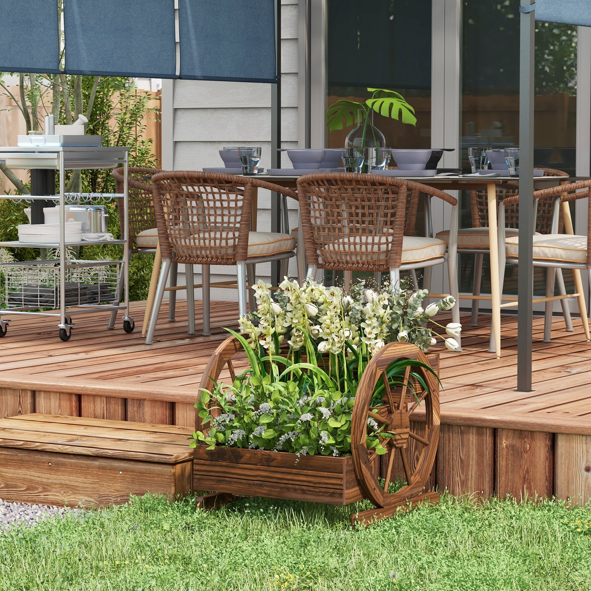 Outsunny Jardinera de Madera Macetero Exterior de 3 Niveles Diseño de Escalera y Forma de Ruedas Orificios de Drenaje Huerto Urbano Cultivos Plantas Flores en Terraza Jardín 61x62x57 cm Carbonizado
