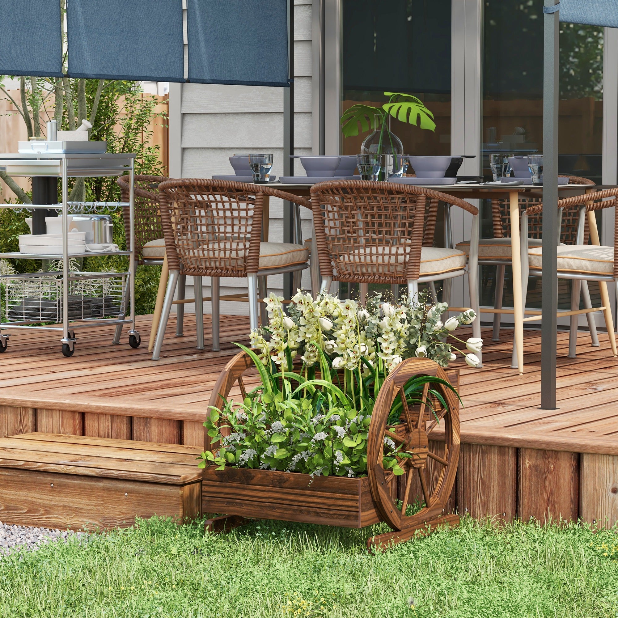 Outsunny Jardinera de Madera Macetero Exterior de 3 Niveles Diseño de Escalera y Forma de Ruedas Orificios de Drenaje Huerto Urbano Cultivos Plantas Flores en Terraza Jardín 61x62x57 cm Carbonizado