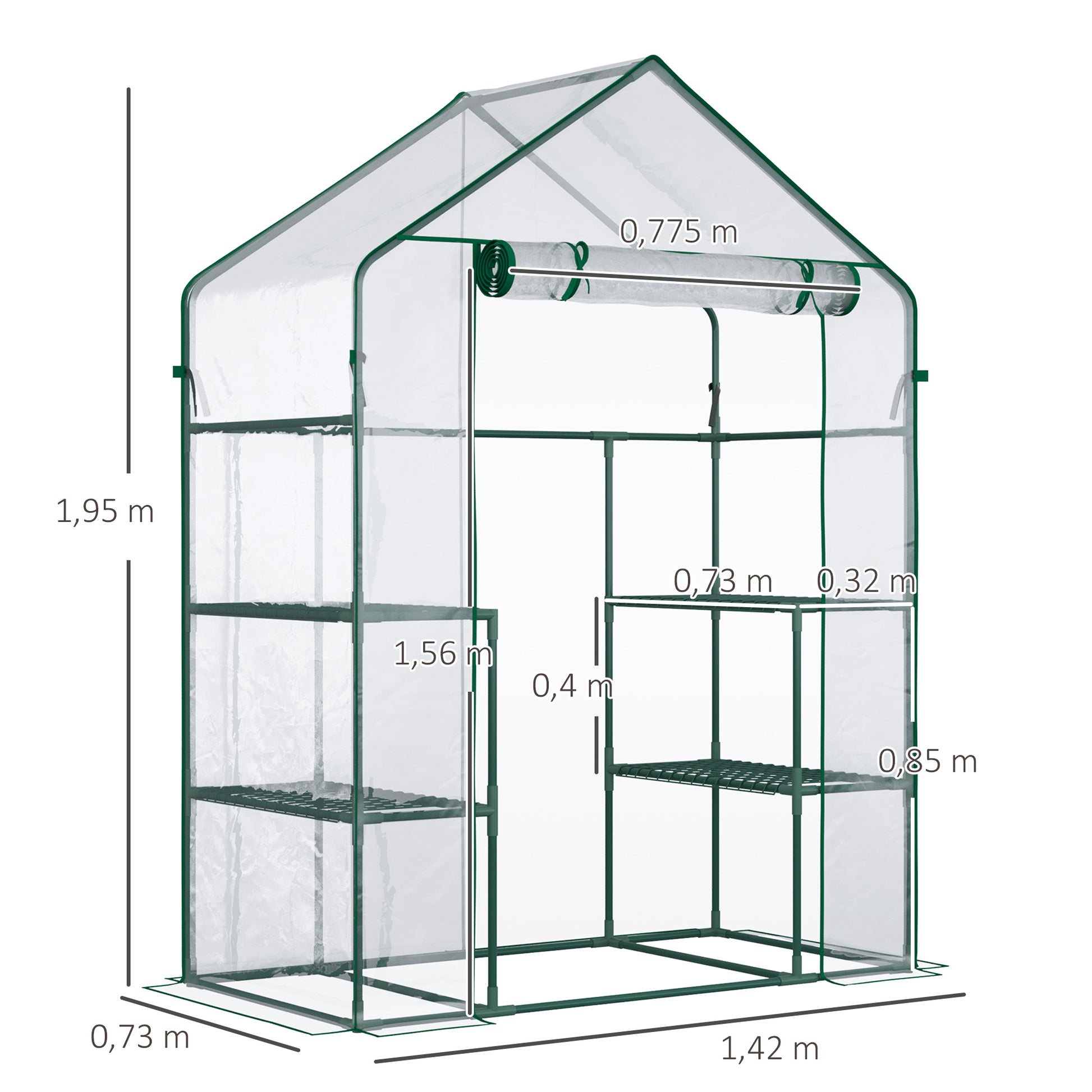 Outsunny Invernadero de Jardín Invernadero de Terraza con 4 Estantes 1 Puerta con Cremallera para Cultivo de Plantas Flores Verduras 142x73x195 cm Verde