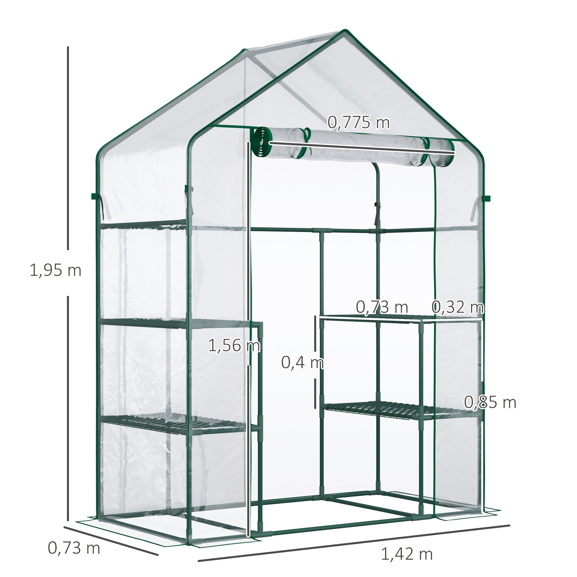 Outsunny Invernadero de Jardín Invernadero de Terraza con 4 Estantes 1 Puerta con Cremallera para Cultivo de Plantas Flores Verduras 142x73x195 cm Verde