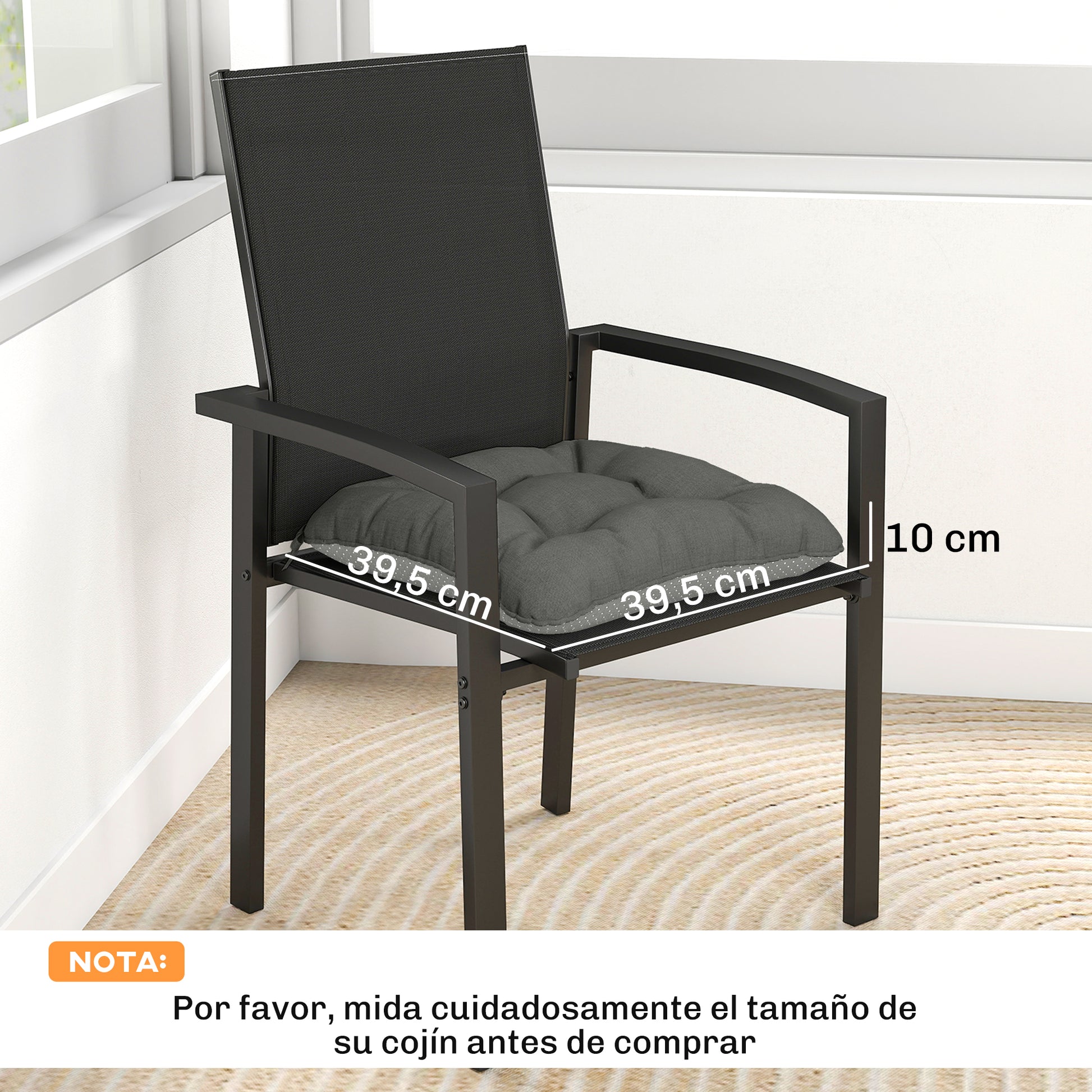 Outsunny Set de 4 Cojines para Sillas, Cojines para Jardín, Colchones de Silla con Lazos y Base Antideslizante, Impermeables, Protección UV30+, para Interior y Exterior, 39,5x39,5x10 cm, Gris Oscuro