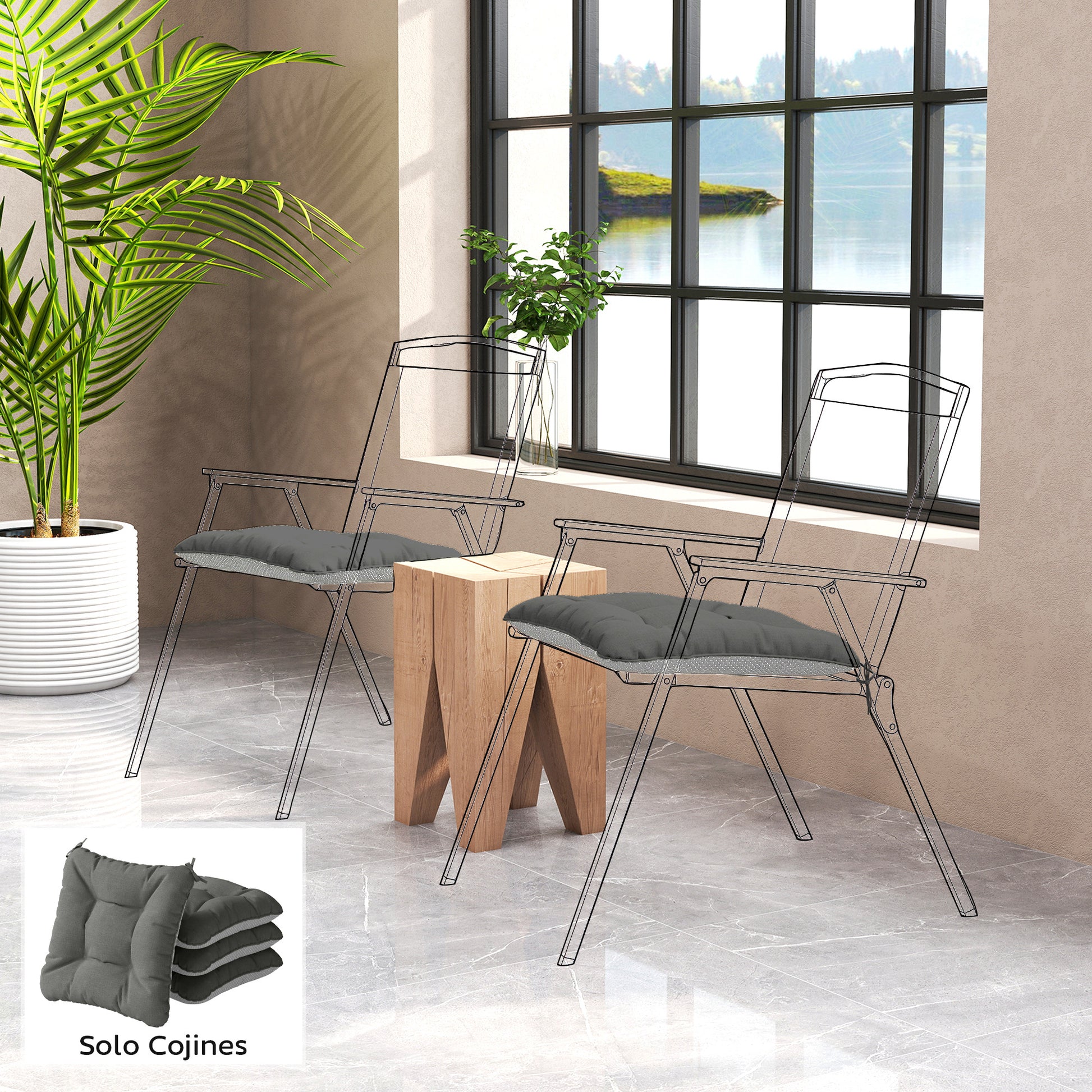Outsunny Set de 4 Cojines para Sillas, Cojines para Jardín, Colchones de Silla con Lazos y Base Antideslizante, Impermeables, Protección UV30+, para Interior y Exterior, 39,5x39,5x10 cm, Gris Oscuro