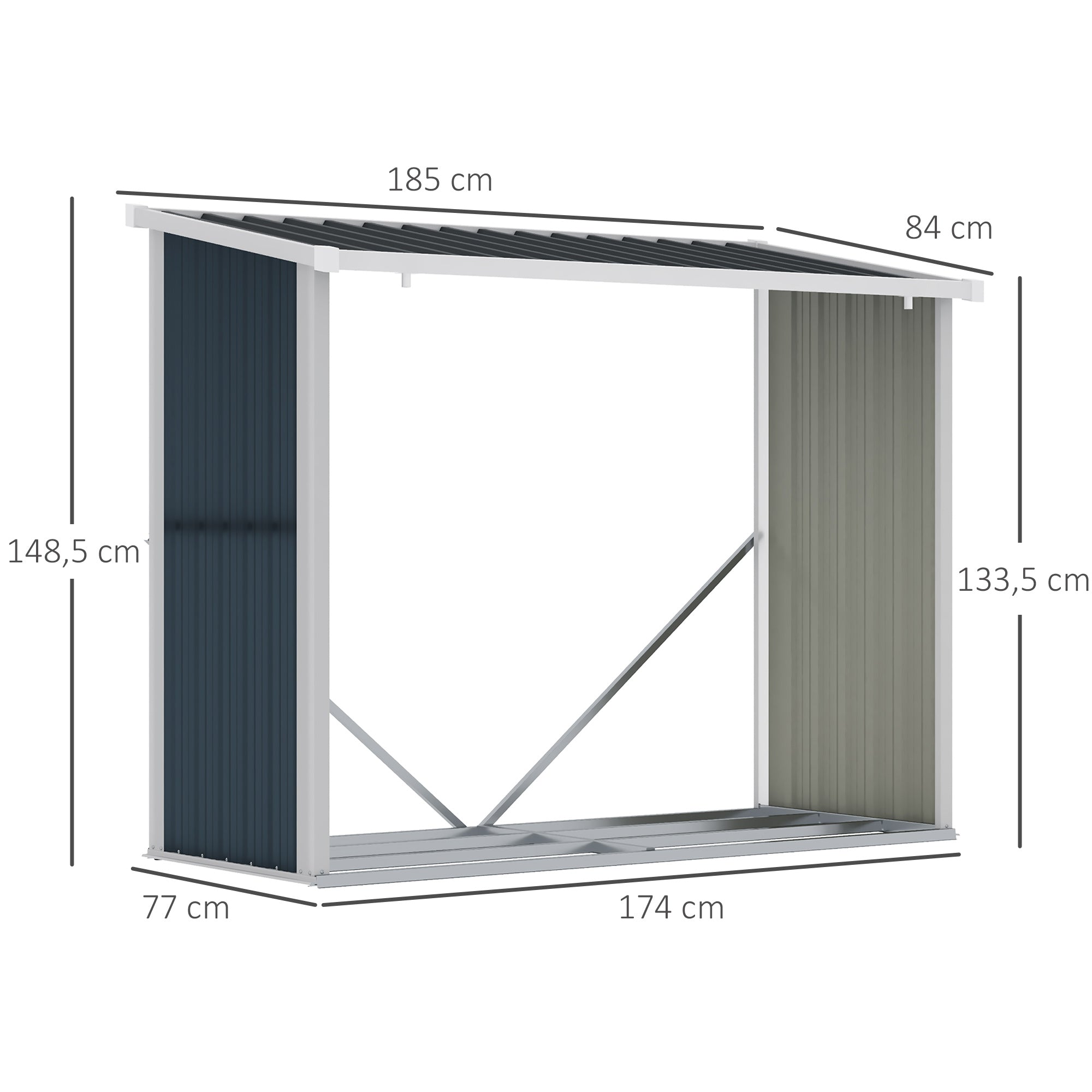 Outsunny Casetilla para Leña Acero Galvanizado Cobertizo Leñero de Almacenamiento de Troncos con Techo Inclinado para Jardín Terraza Exterior 185x84x133,5/148,5 cm Gris